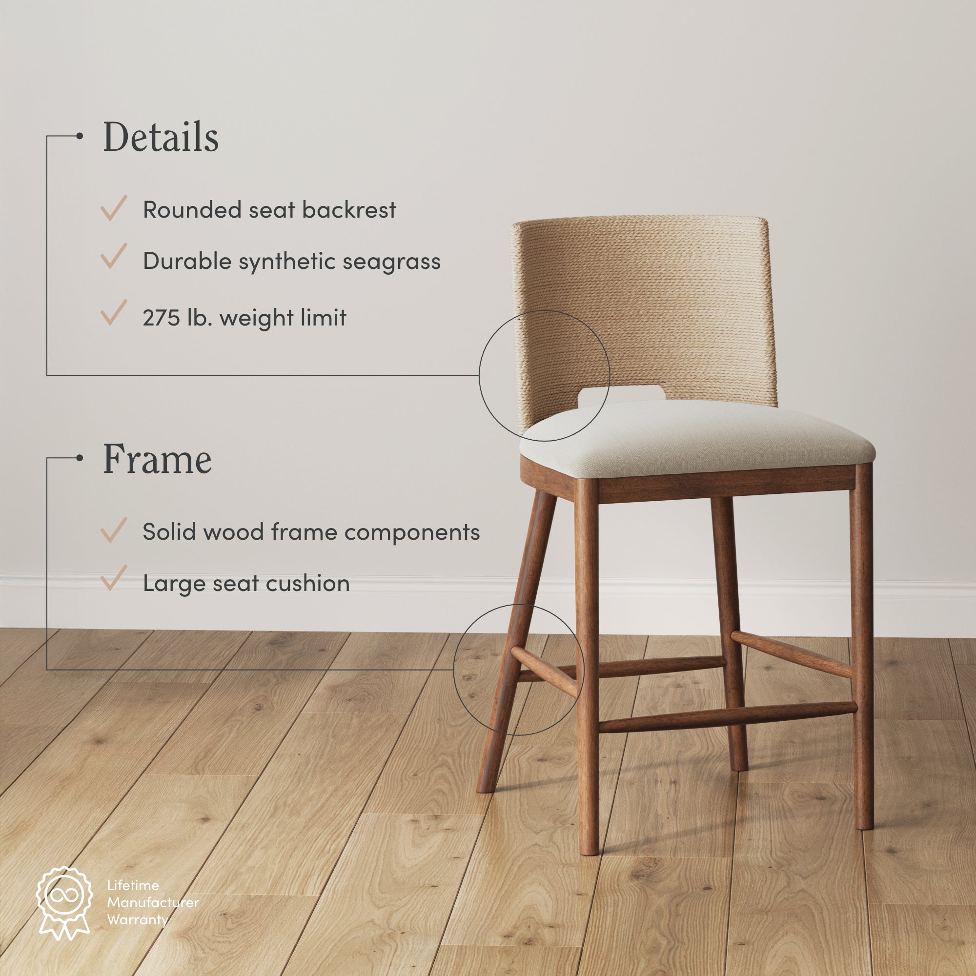 A wooden dining chair with a light, upholstered cushion, a rounded synthetic seagrass backrest, and angled legs is shown on a wooden floor. Text highlights features such as a 275 lb weight limit and solid wood frame.