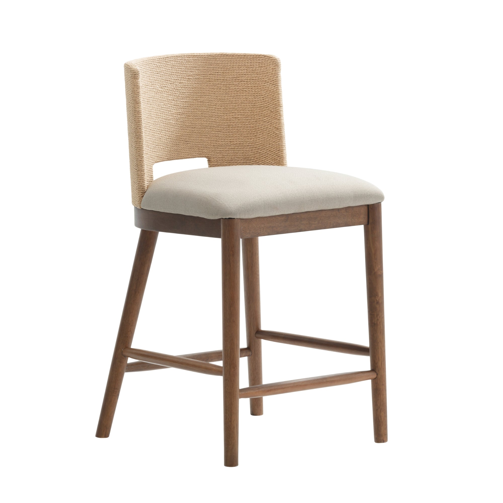 A modern barstool with a light beige cushioned seat, a wooden frame, and a curved backrest wrapped in woven natural fiber.