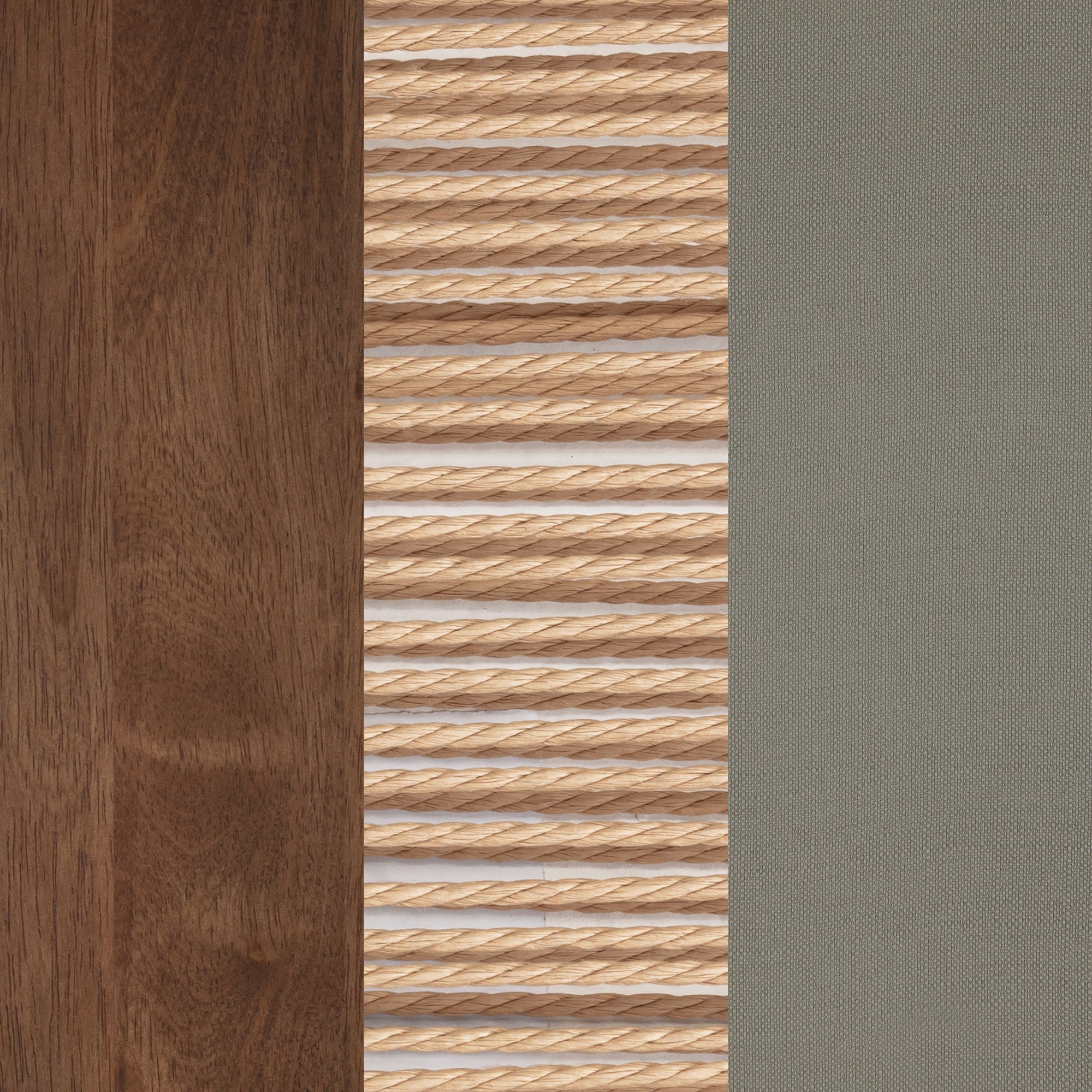 A close-up of three vertical panels: a wooden panel on the left, a middle section with evenly spaced horizontal ropes, and a textured grey panel on the right. Light filters through the gaps between the ropes.