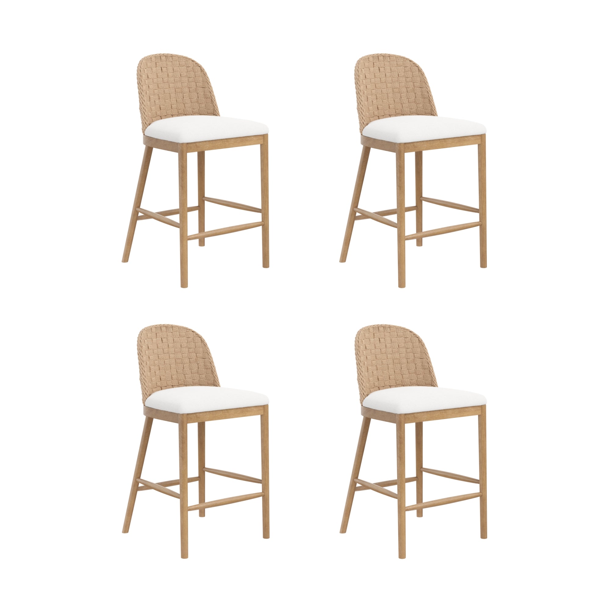 Four light brown woven-back barstools with cream-colored cushioned seats, arranged in a two-by-two grid on a white background.