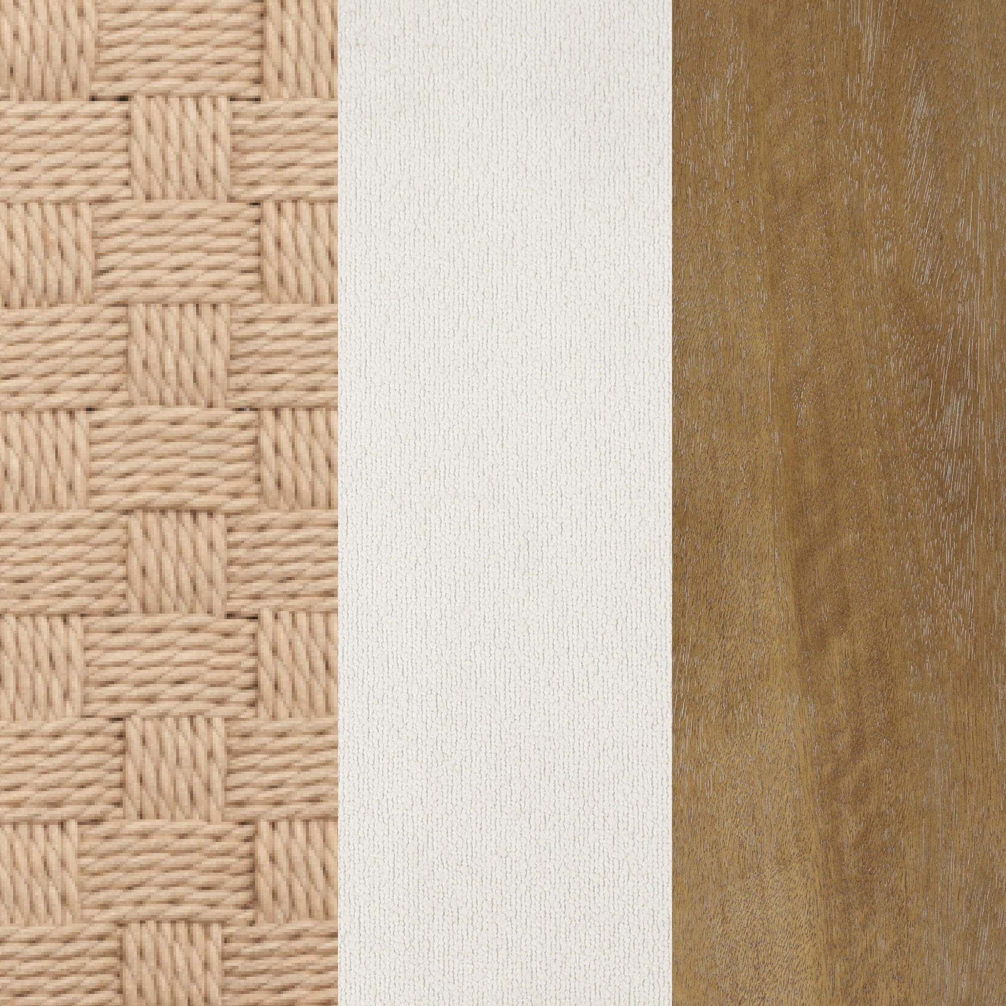 Three vertical panels show different textures: a woven beige rope pattern on the left, a smooth white canvas in the center, and a natural brown wood grain surface on the right.