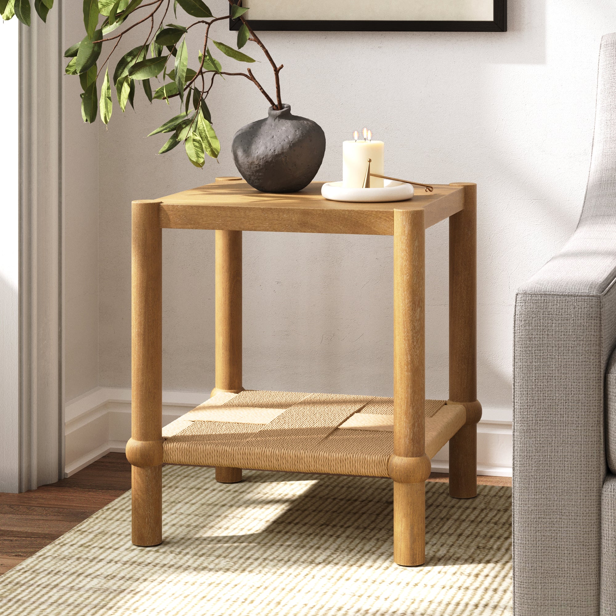Wood 2 - Tier Coastal Side Table with Seagrass Shelf Light Brown - Nathan James