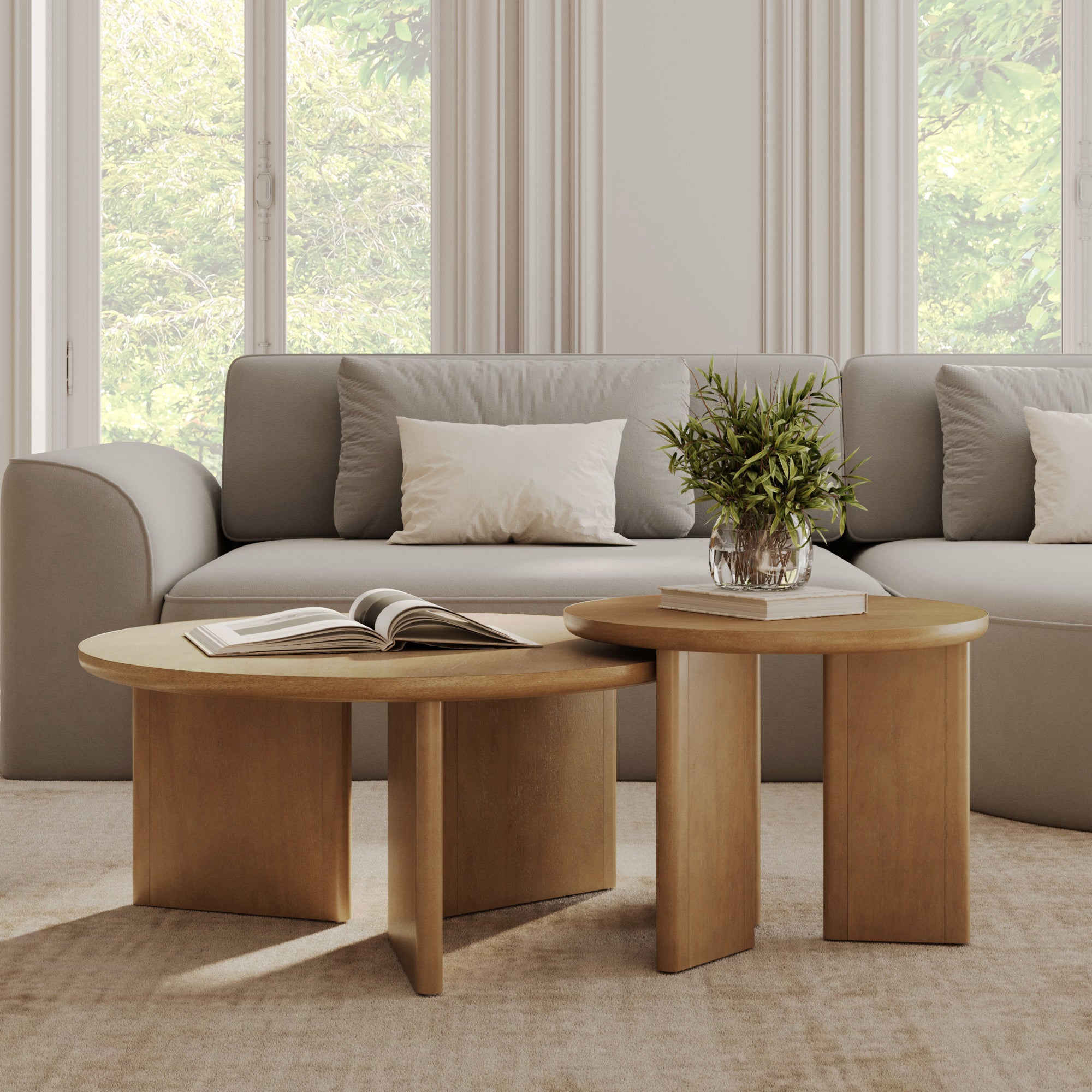 Mid-Century Modern Wood Nesting Coffee Table Set Light Brown