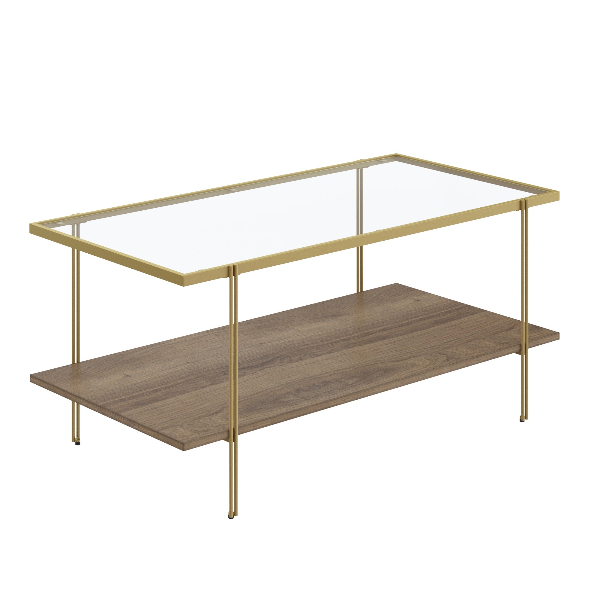 A modern rectangular coffee table with a glass top, gold metal frame, and a lower wooden shelf. The design is minimalist and contemporary.