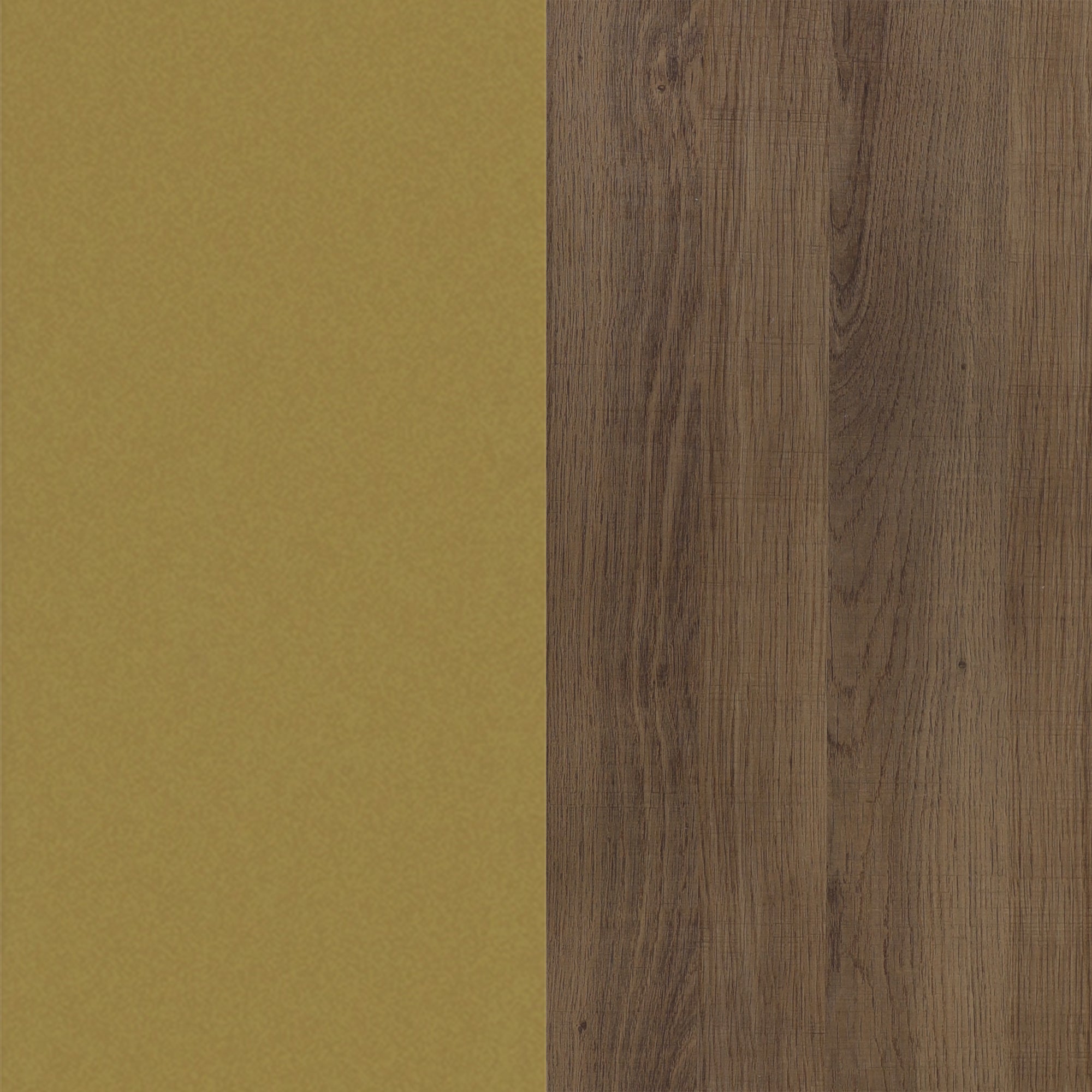 A split image showing a plain mustard yellow textured surface on the left and a dark brown wood grain surface on the right.