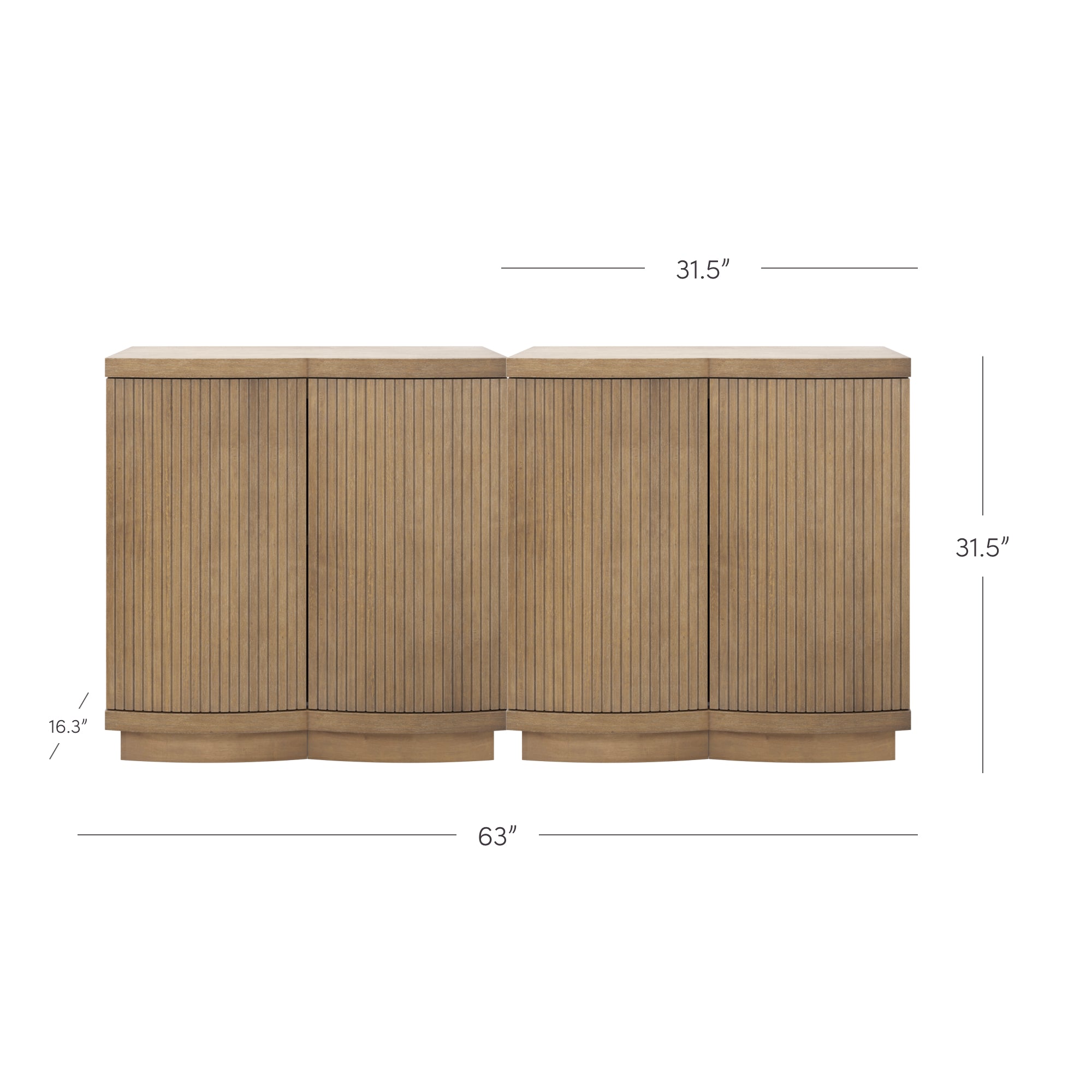 A wooden cabinet with vertical grooves, two sections, and rounded corners. Dimensions are labeled: height 31.5 inches, width 63 inches, side depth 16.3 inches, and each section width 31.5 inches.
