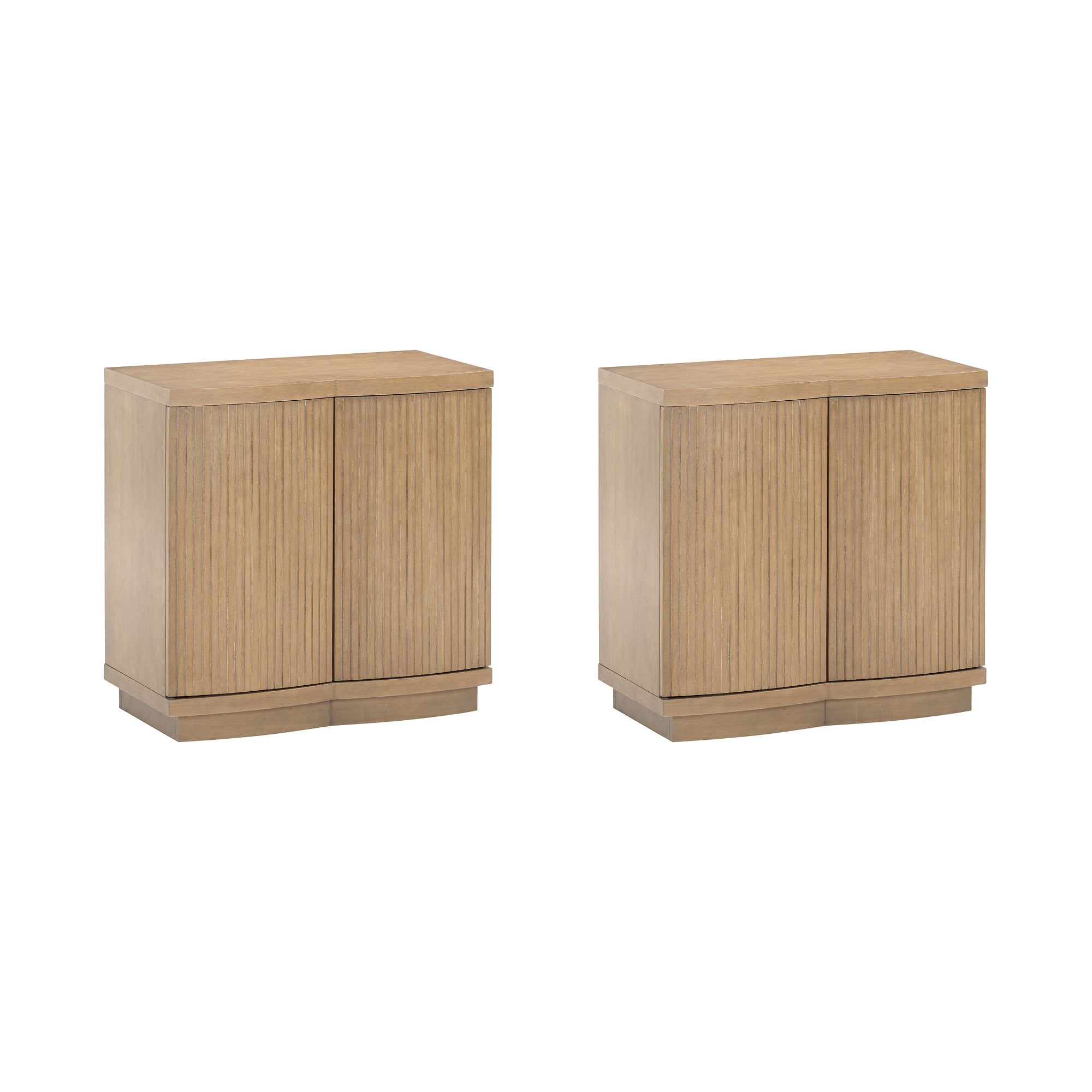 A pair of light wood cabinets with vertical grooves on the front doors, each cabinet standing on a short base, shown against a white background.