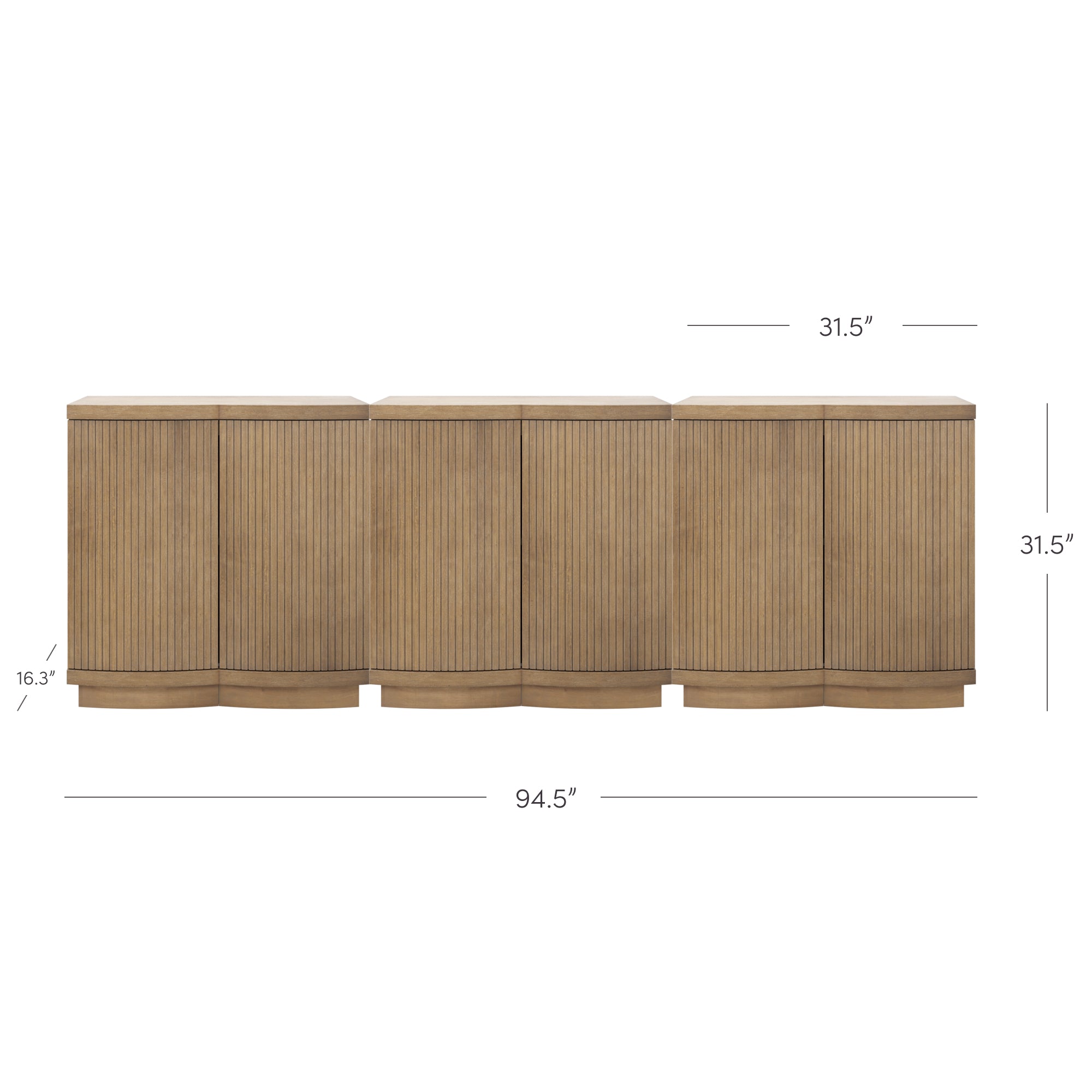 A long, light wood sideboard with vertical grooves, featuring four cabinet doors. Dimensions shown: 94.5 wide, 31.5 high, 16.3 deep.