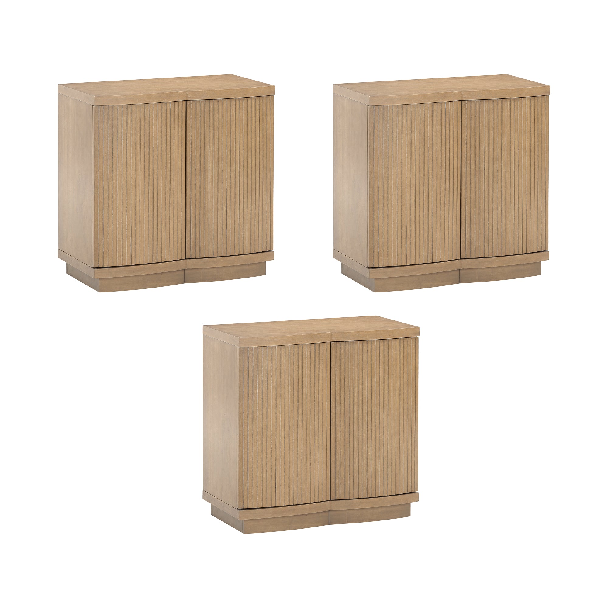 Three identical light wood cabinets with two vertical paneled doors each, shown against a white background. The cabinets have rectangular shapes and simple, modern designs.