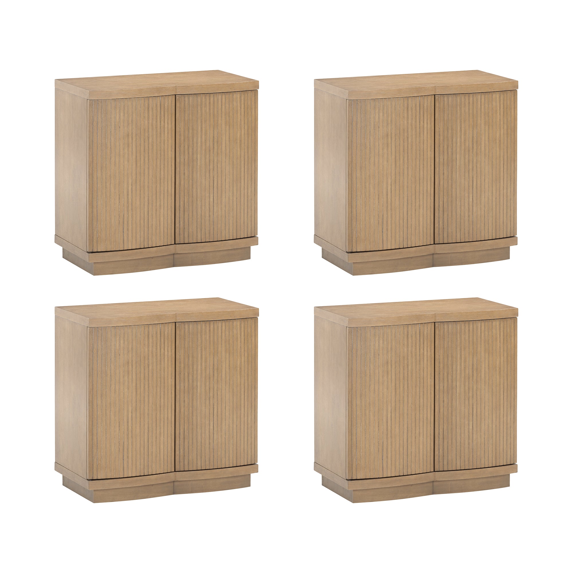 Four identical light wood cabinets with vertical grooves on the doors, shown evenly spaced against a white background. Each cabinet has a simple, modern design with a rectangular shape and a flat top.