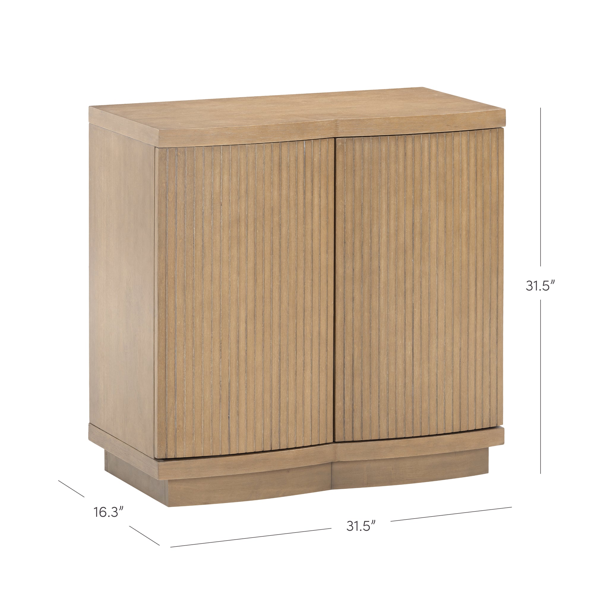 A light wood cabinet with vertical grooves on two doors, rectangular shape, and simple base. Dimensions are 31.5 inches wide, 31.5 inches high, and 16.3 inches deep.