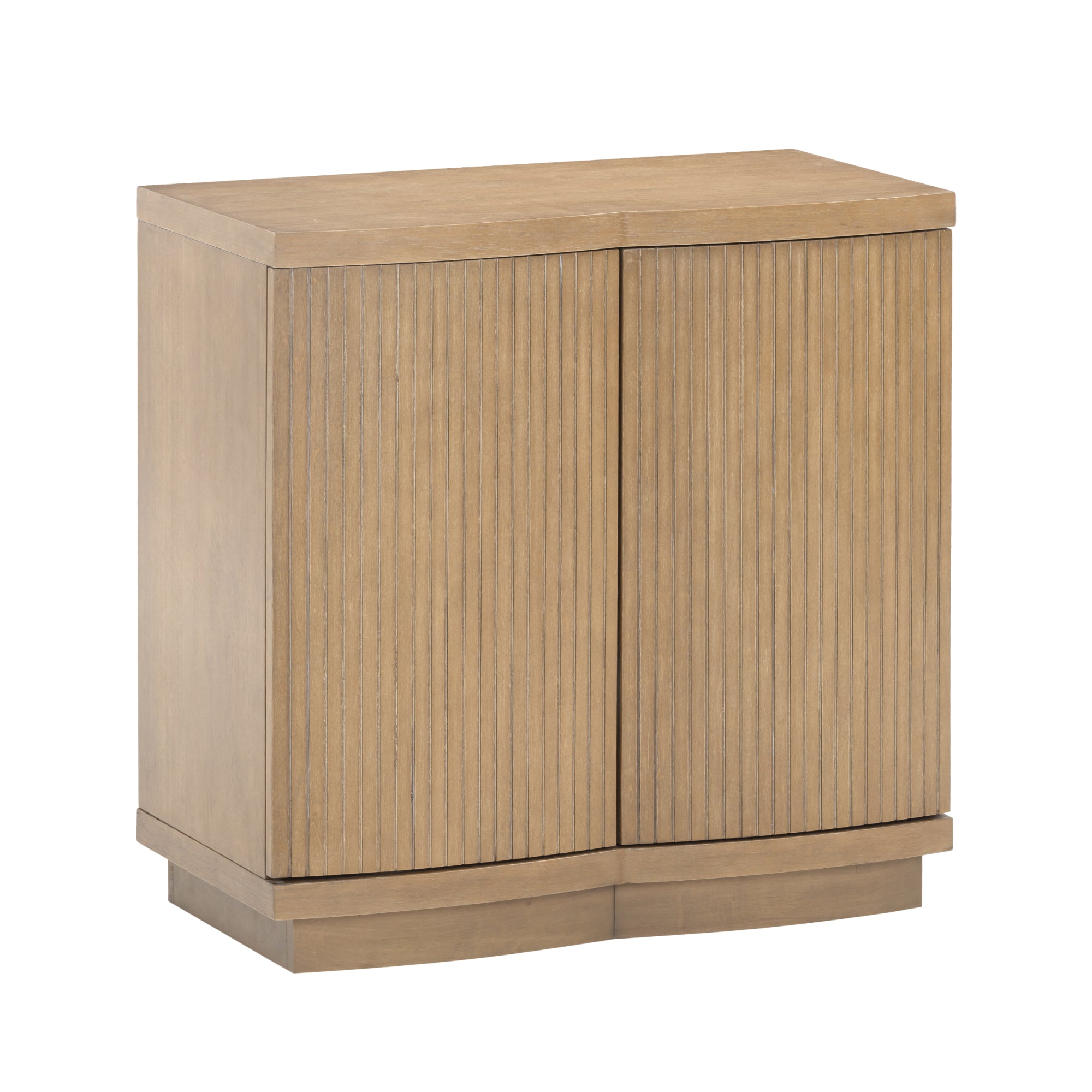 Light brown wooden cabinet with two vertical paneled doors, a flat top, and a simple rectangular base. The design is minimalist and modern.