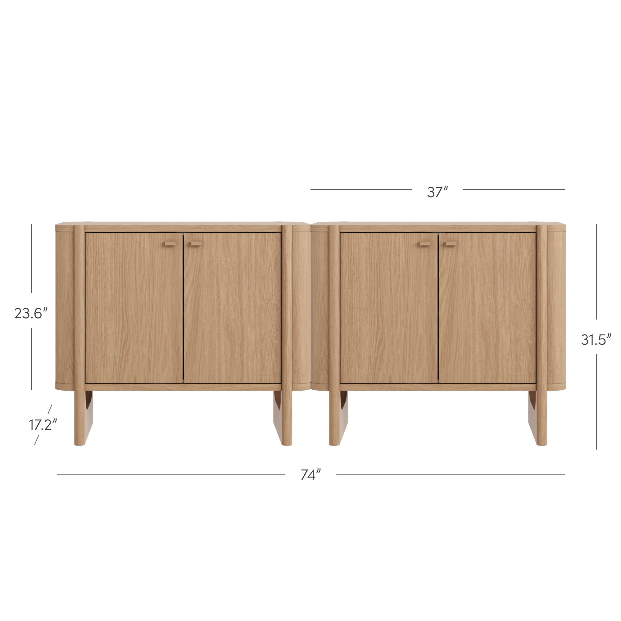 A pair of light wood cabinets side by side, each with two doors. The combined width is 74 inches, each cabinet is 37 inches wide, 31.5 inches tall, with a lower section measuring 17.2 inches high and 23.6 inches deep.