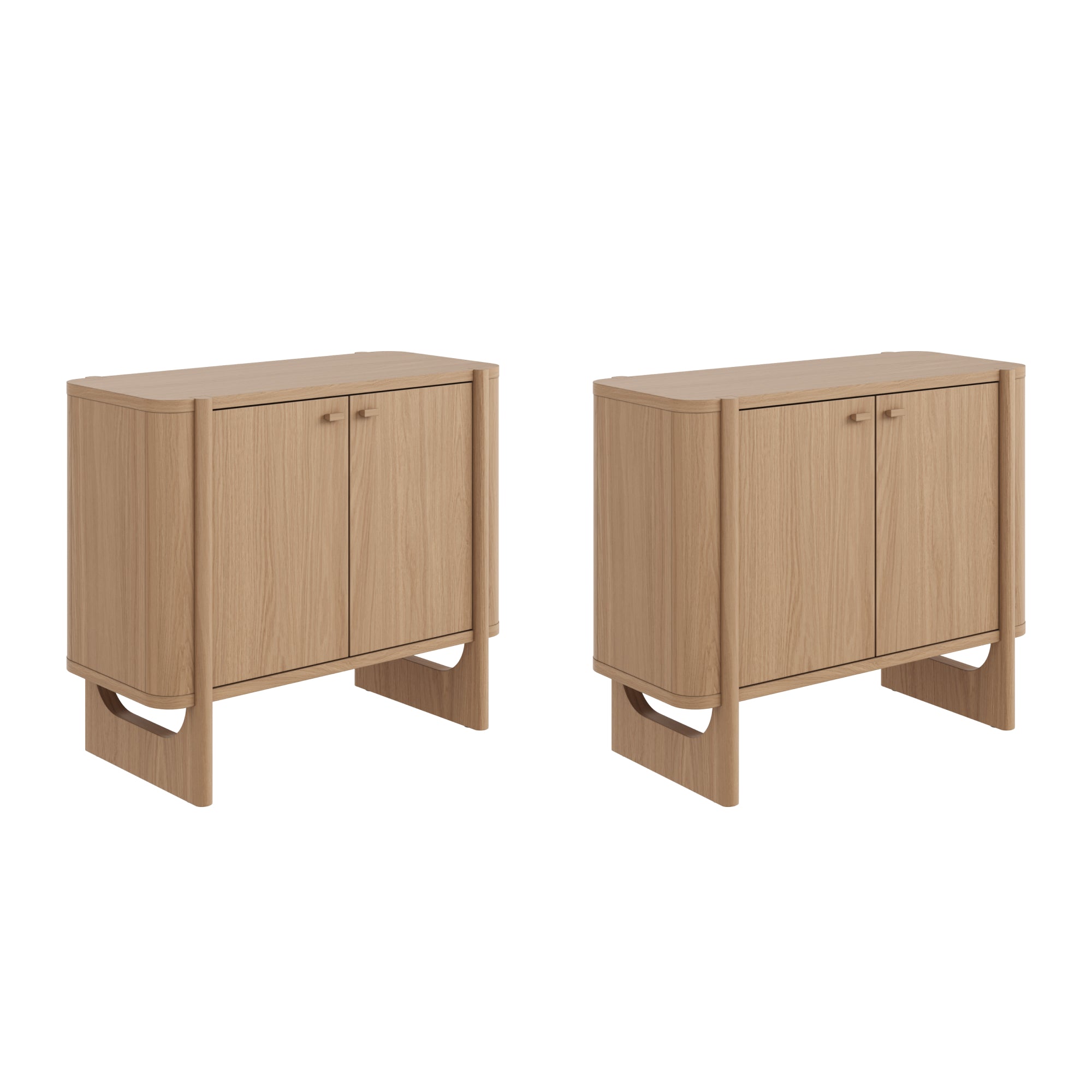 Two identical light wood cabinets with double doors, clean lines, and modern minimalist design, each standing on rectangular legs with open spaces at the base.