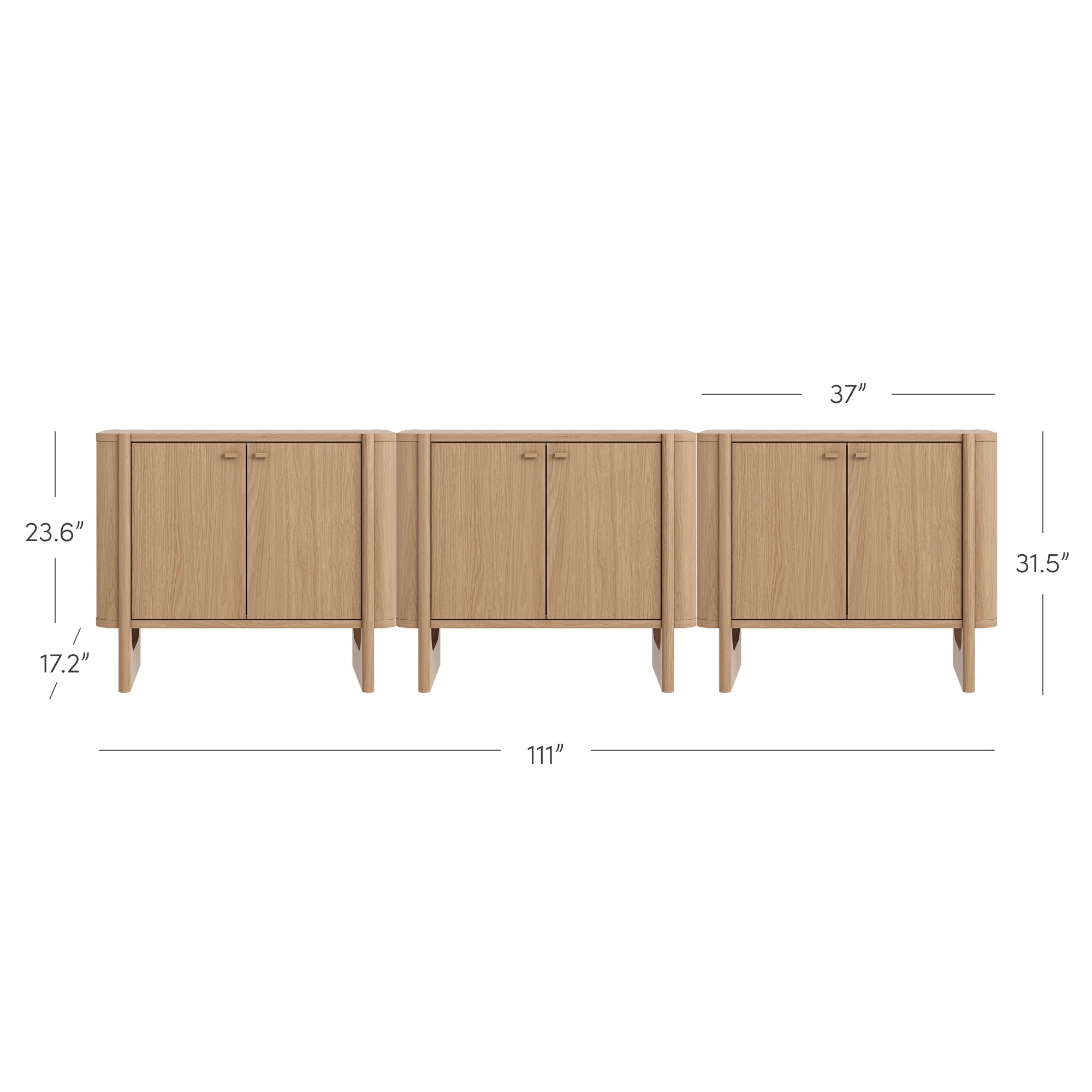 A row of three light wood cabinets with double doors, each cabinet 37 inches wide and 31.5 inches tall, together measuring a total length of 111 inches; additional measured heights are 23.6 and 17.2 inches.