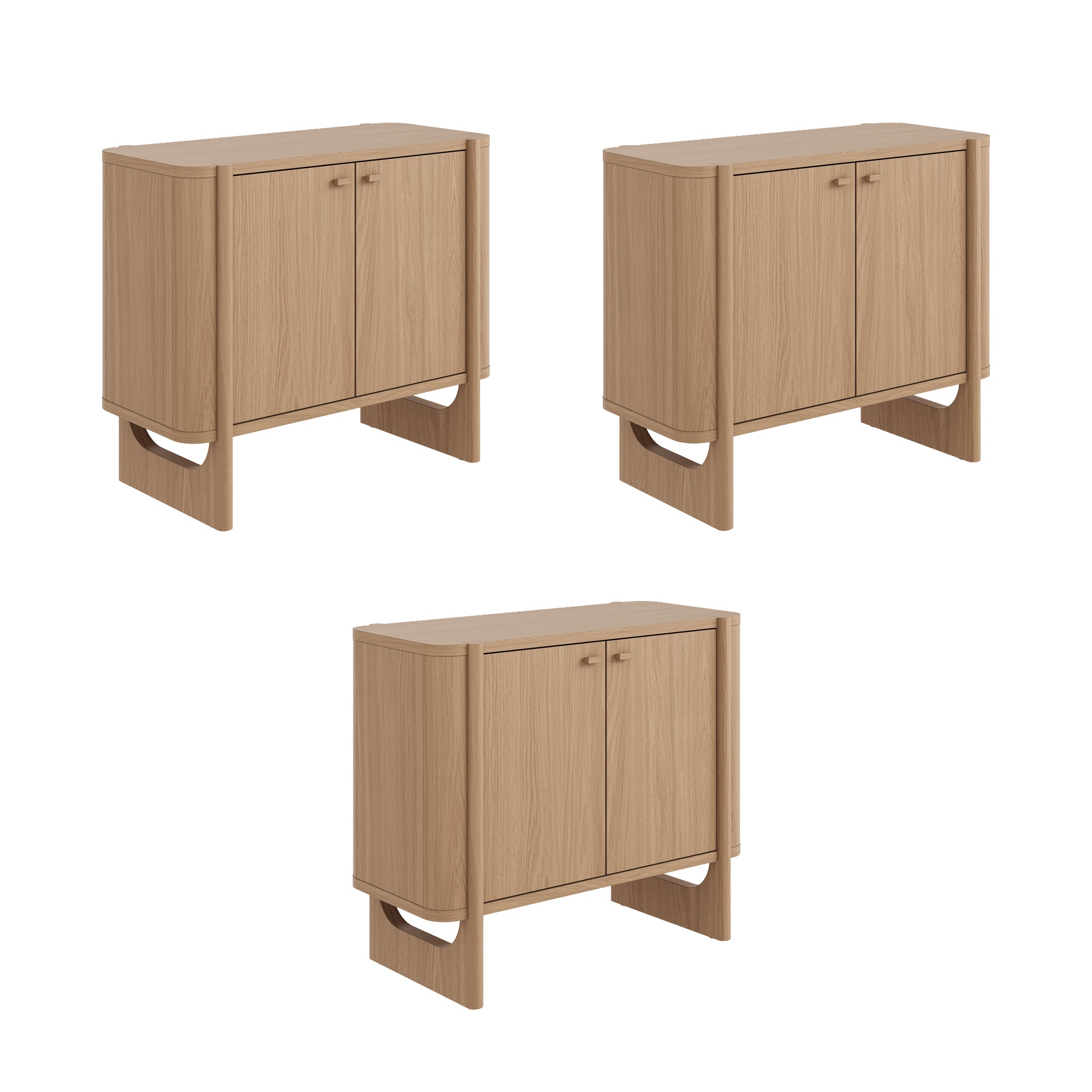 Three identical light wood cabinets with double doors and minimalist design, shown from slightly different angles on a white background.