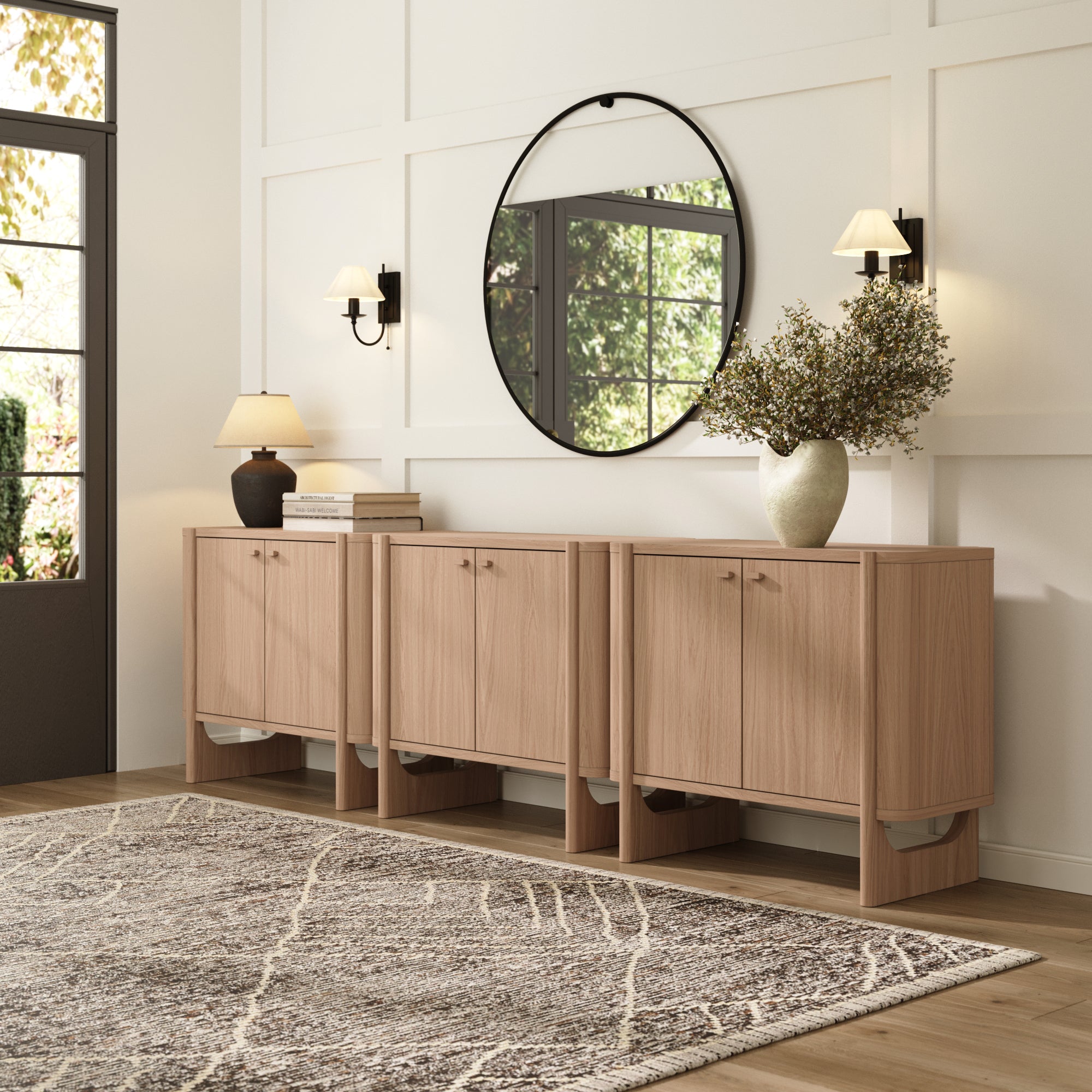 Mid - Century Modern Solid Wood Accent Cabinet Credenza Raw Oak (Set of 3) - Nathan James
