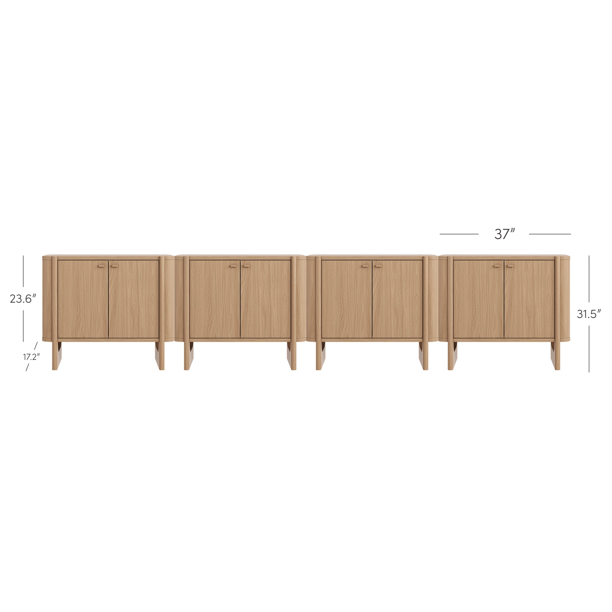 Four identical light wood cabinets are lined up side by side. Each cabinet has two doors and stands on four legs. Dimensions are marked: 37 wide, 23.6 tall to the top, 17.2 to the shelf, and 31.5 overall height.
