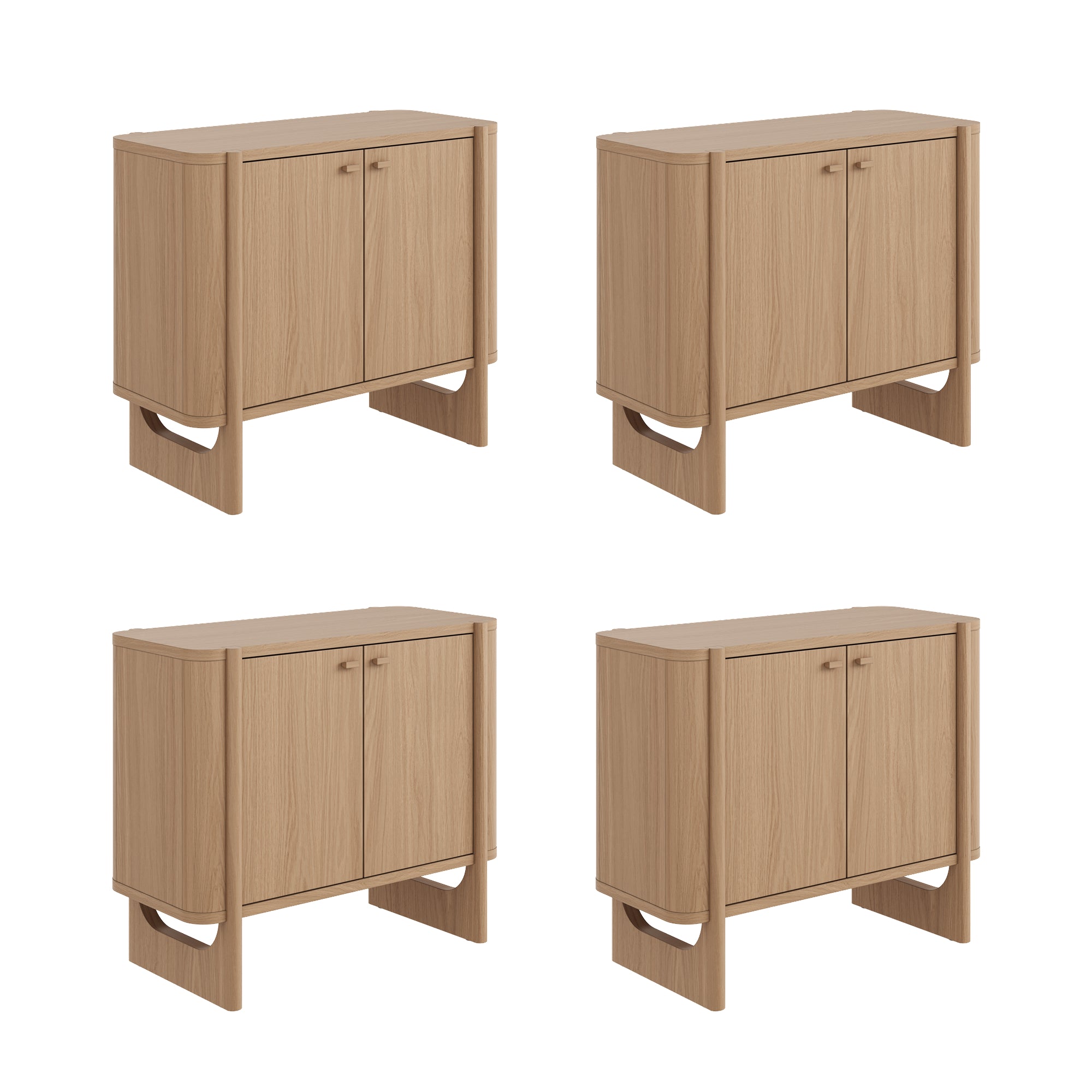 Four identical light wood cabinets with double doors, each shown from a slightly angled front view, arranged in a 2x2 grid on a white background.