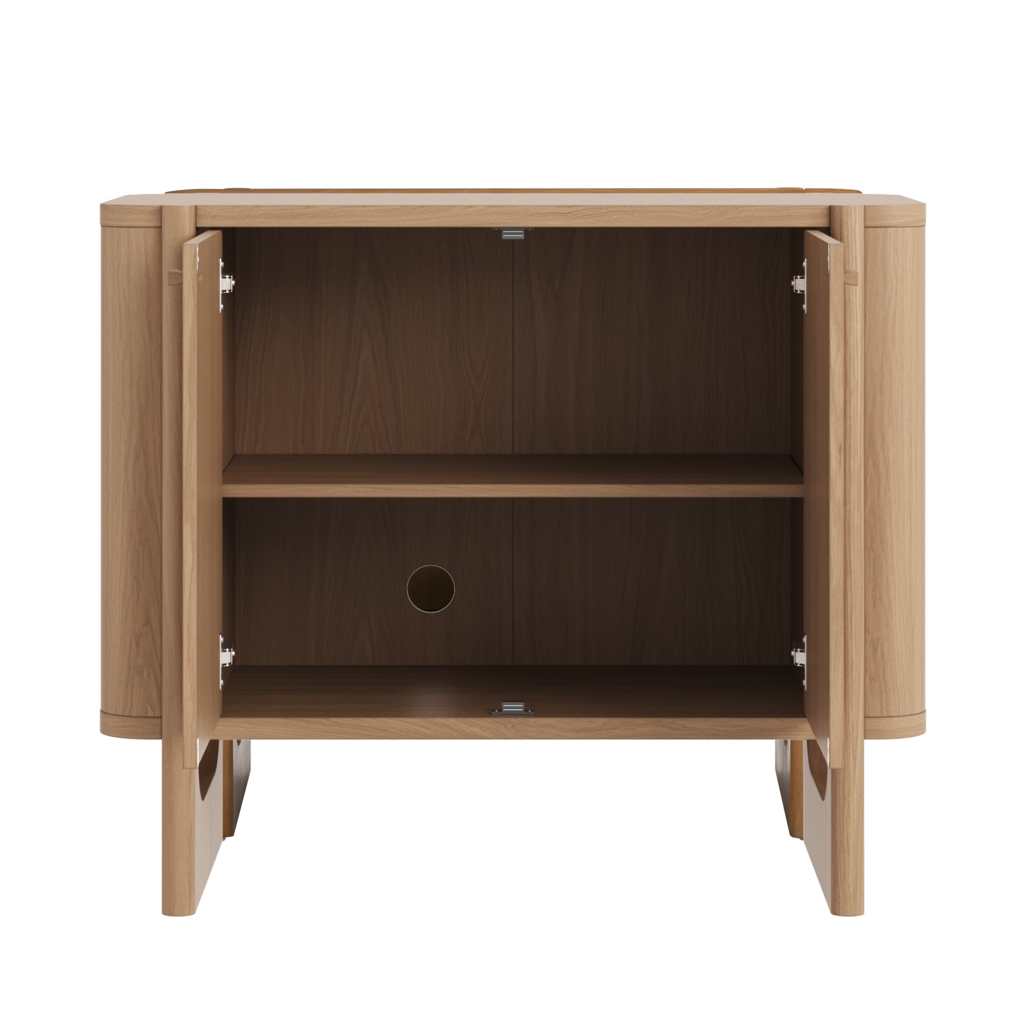 A wooden cabinet with double doors open, revealing two shelves inside and a circular cable management hole in the back panel. The cabinet has a natural wood finish and simple, modern design.