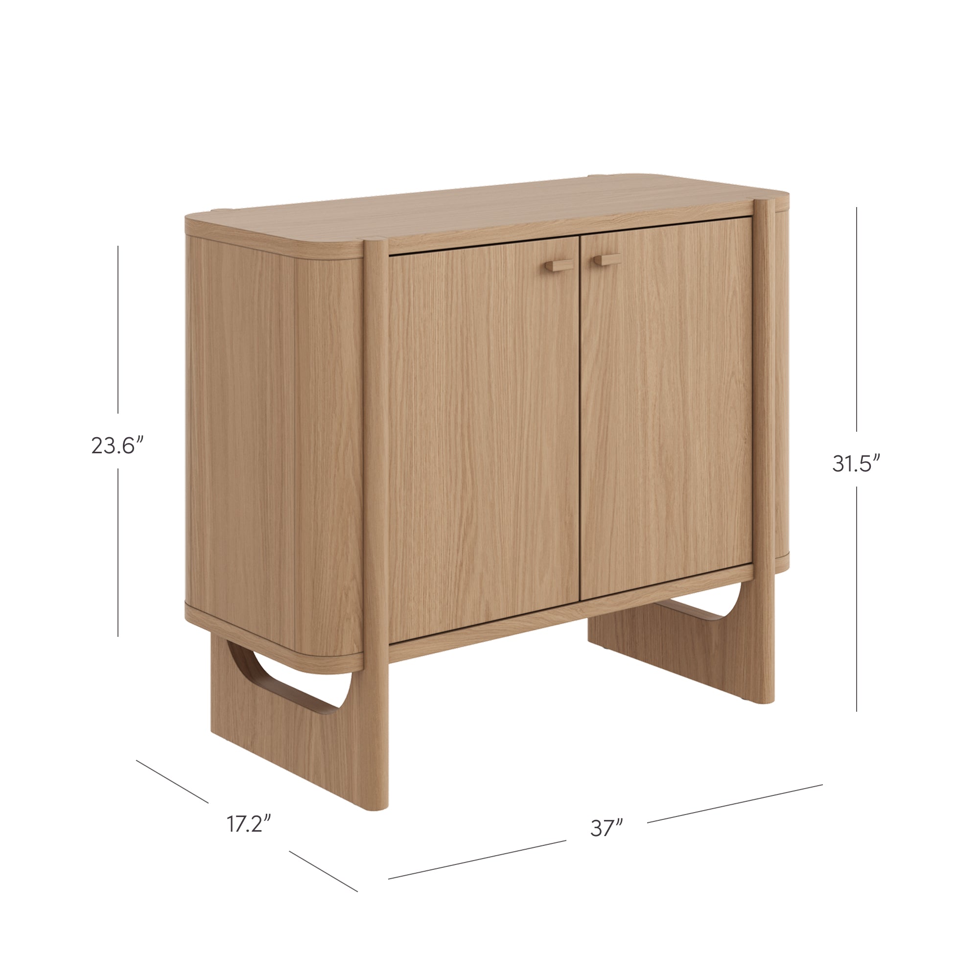 Light wood cabinet with two doors, rounded corners, and minimalist handles. Dimensions shown: 31.5 tall, 37 wide, and 17.2 deep. The cabinet has a modern design with open space at the base.