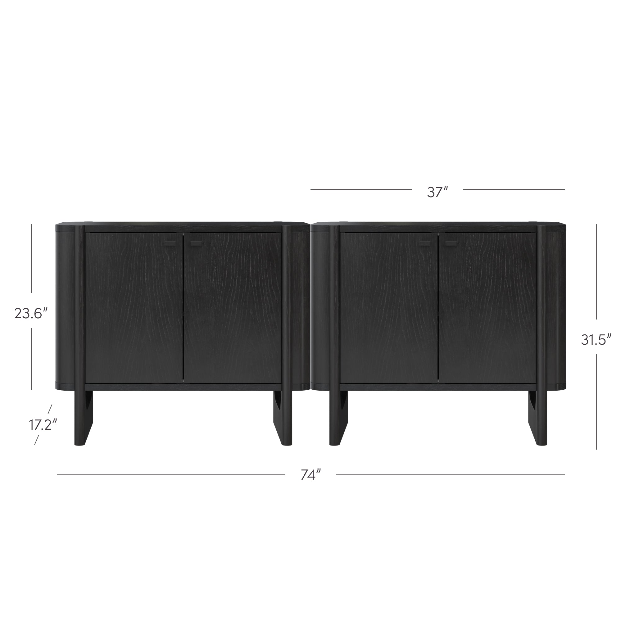 Two black wooden cabinets are placed side by side. Each cabinet is shown with measurements: 23.6 and 17.2 tall on the left, 31.5 tall and 37 wide for each cabinet, with a combined total width of 74.