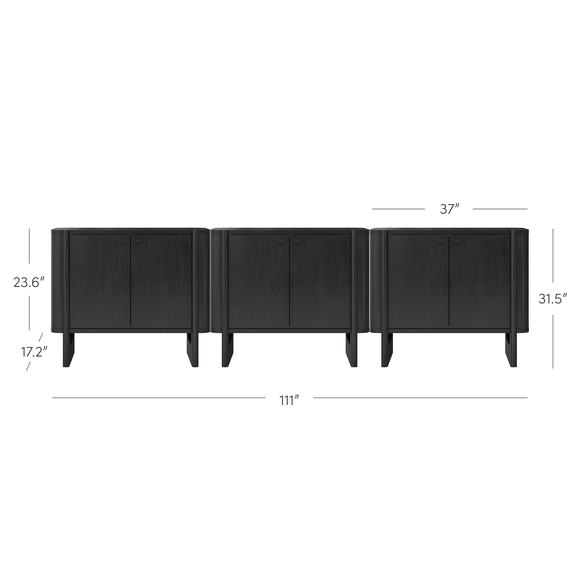 Black, three-piece modular storage unit with cabinet doors, measuring 111 inches wide in total; each unit is 37 inches wide, 31.5 inches tall, and 23.6 inches deep, with leg height of 17.2 inches.