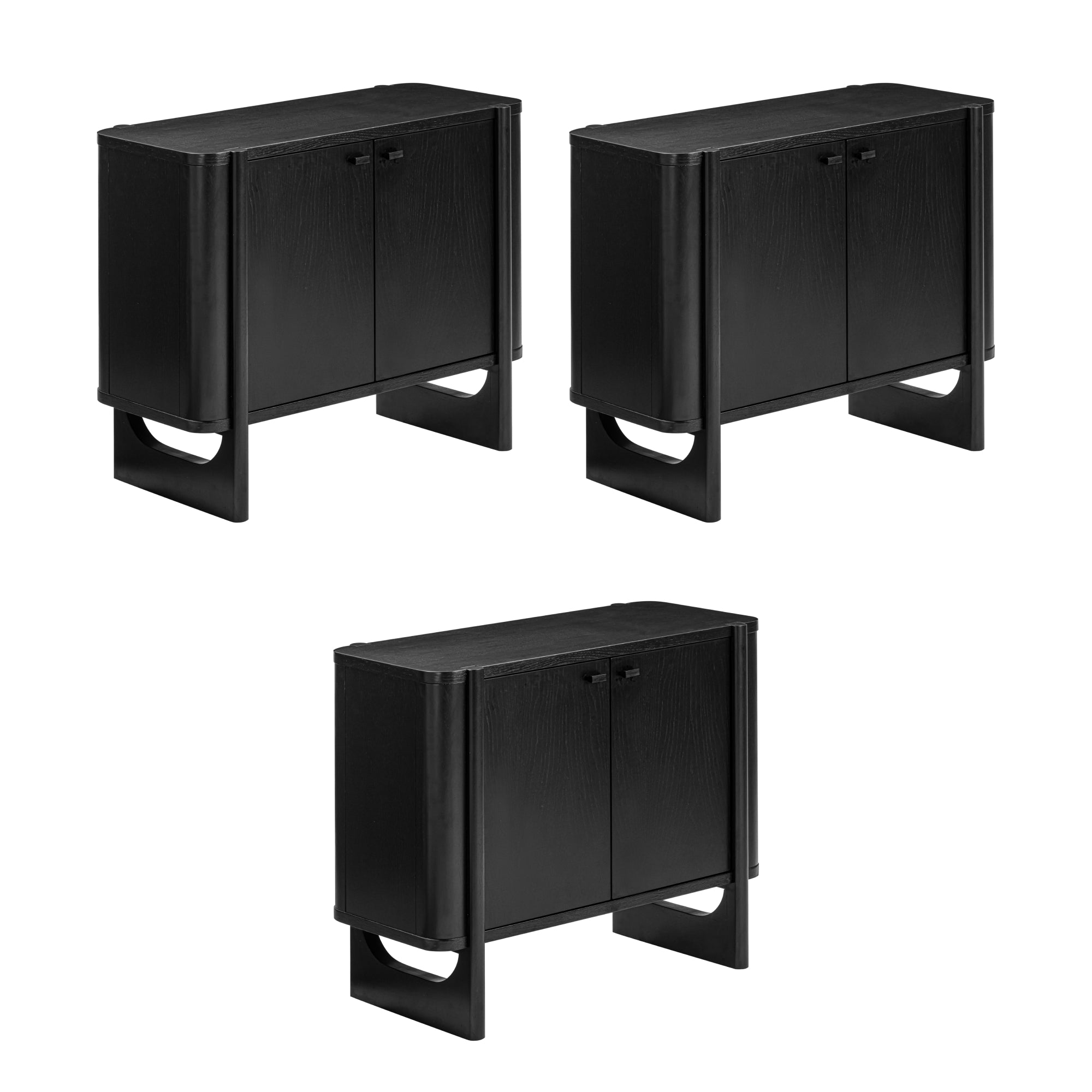 Three identical black wooden cabinets with two doors each, shown from different angles on a white background. The cabinets have a modern design with curved corners and an open base.