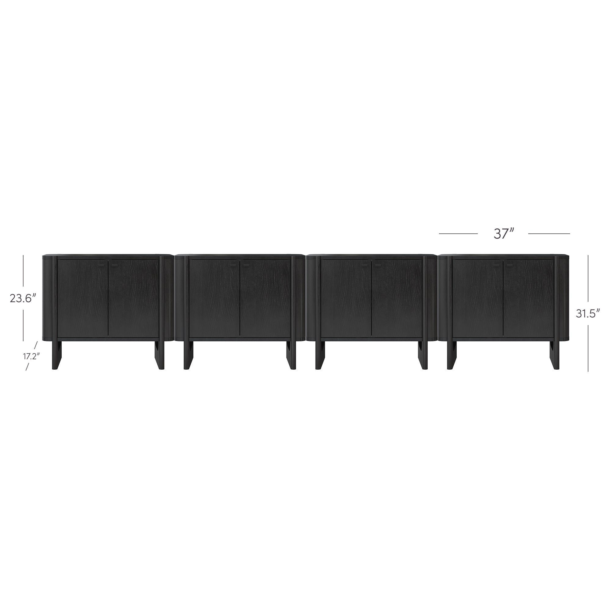 A row of four black cabinets with short legs, each measuring 37 inches wide, 23.6 inches tall, with a 17.2-inch interior height and an overall height of 31.5 inches.