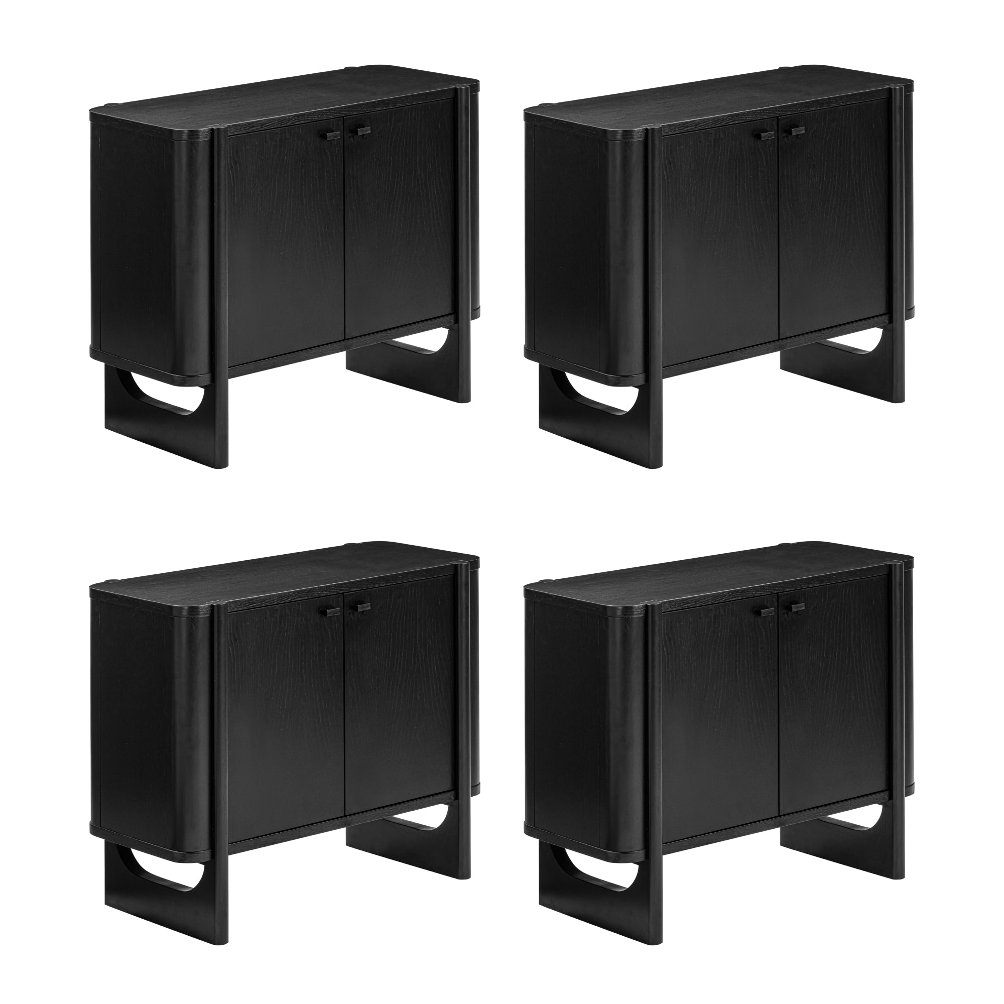 Four identical modern black wooden cabinets with two doors each, displayed on a white background in a 2x2 grid arrangement.