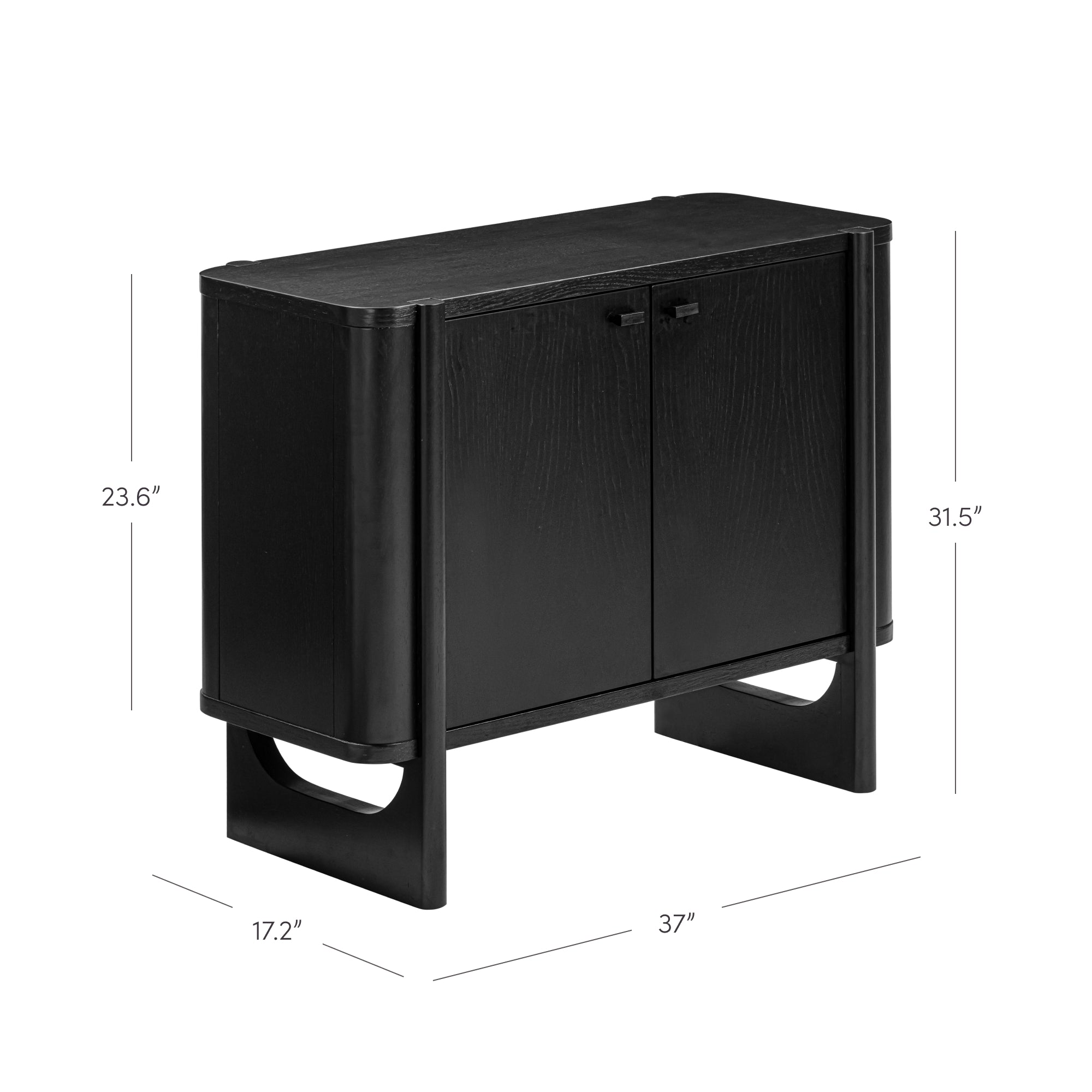 Black wooden cabinet with two doors, rectangular shape, rounded side edges, and elevated base. Dimensions are labeled: 23.6 deep, 17.2 wide, 31.5 high, and 37 long.