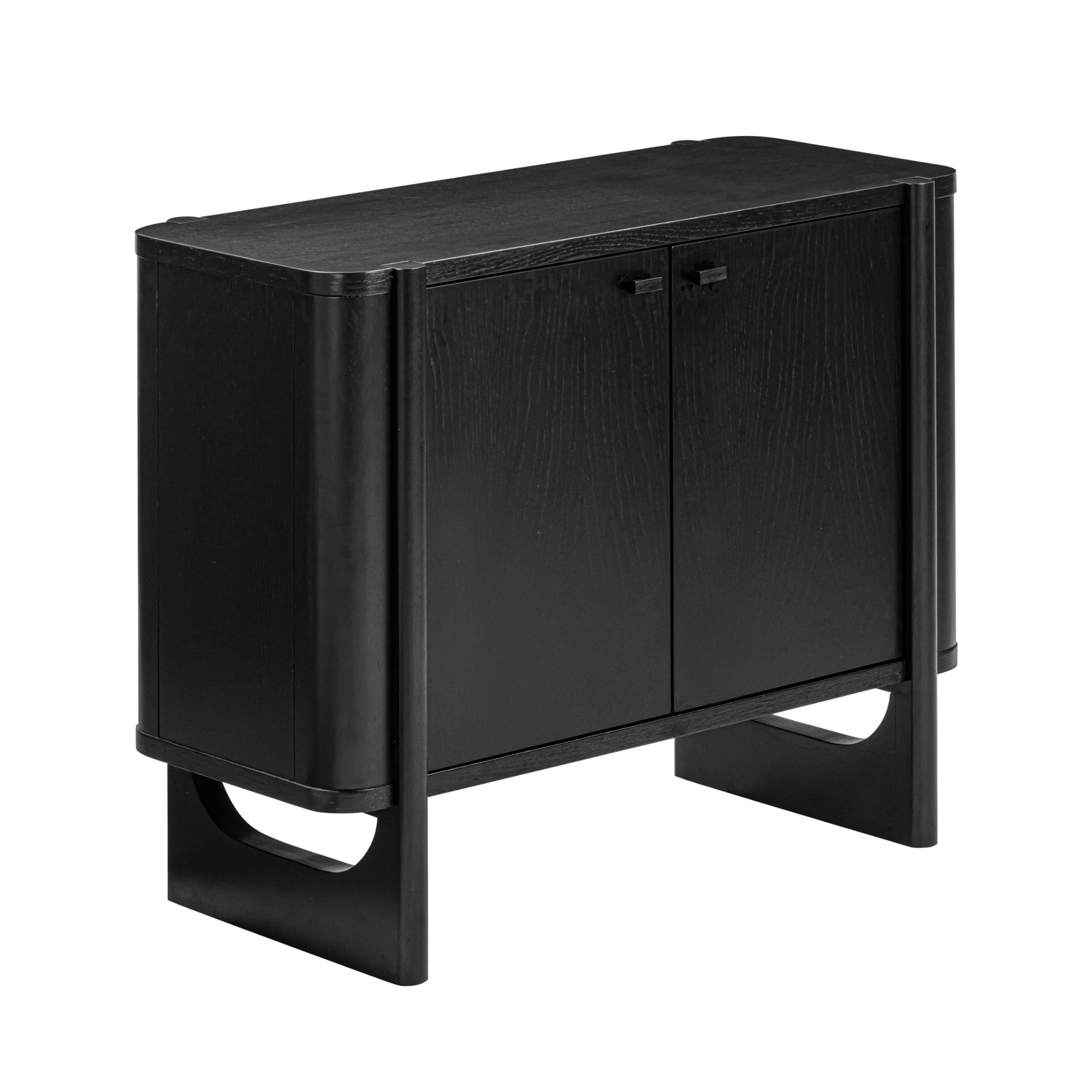 A black wooden sideboard with two front doors, rounded corners, and a modern, minimalist design. The legs have a cut-out detail, adding to its contemporary look.