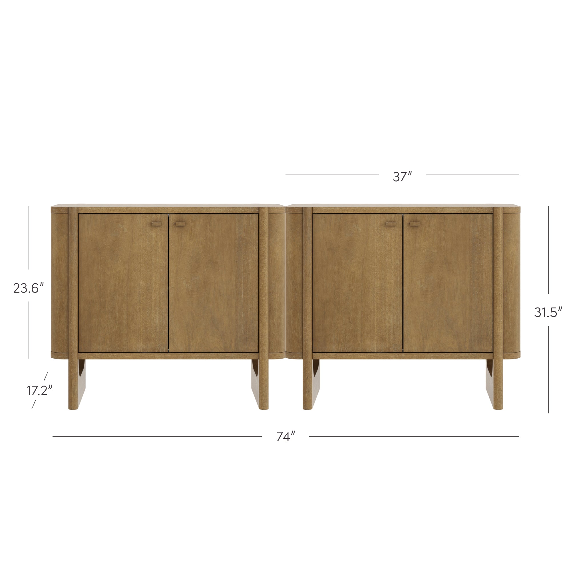 Two identical wooden cabinets placed side by side, each with double doors and cylindrical side panels. Overall width is 74 inches, each cabinet is 37 inches wide, 31.5 inches high, and 23.6 inches or 17.2 inches deep.