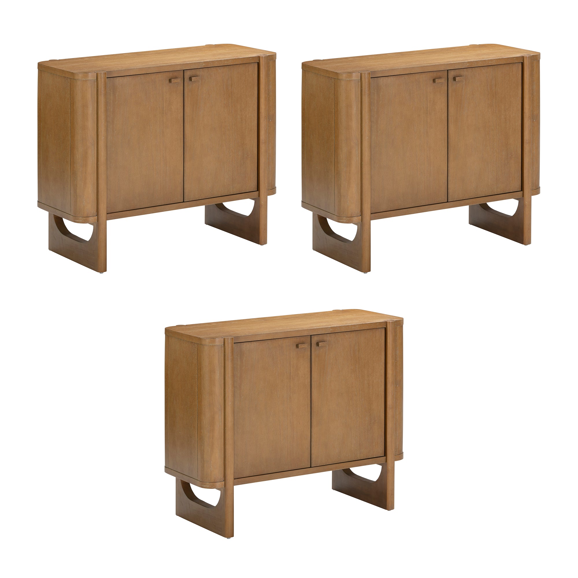 Three identical wooden cabinets with two doors each, shown from slightly different angles on a white background. The cabinets have a mid-century modern design with clean lines and a warm wood finish.