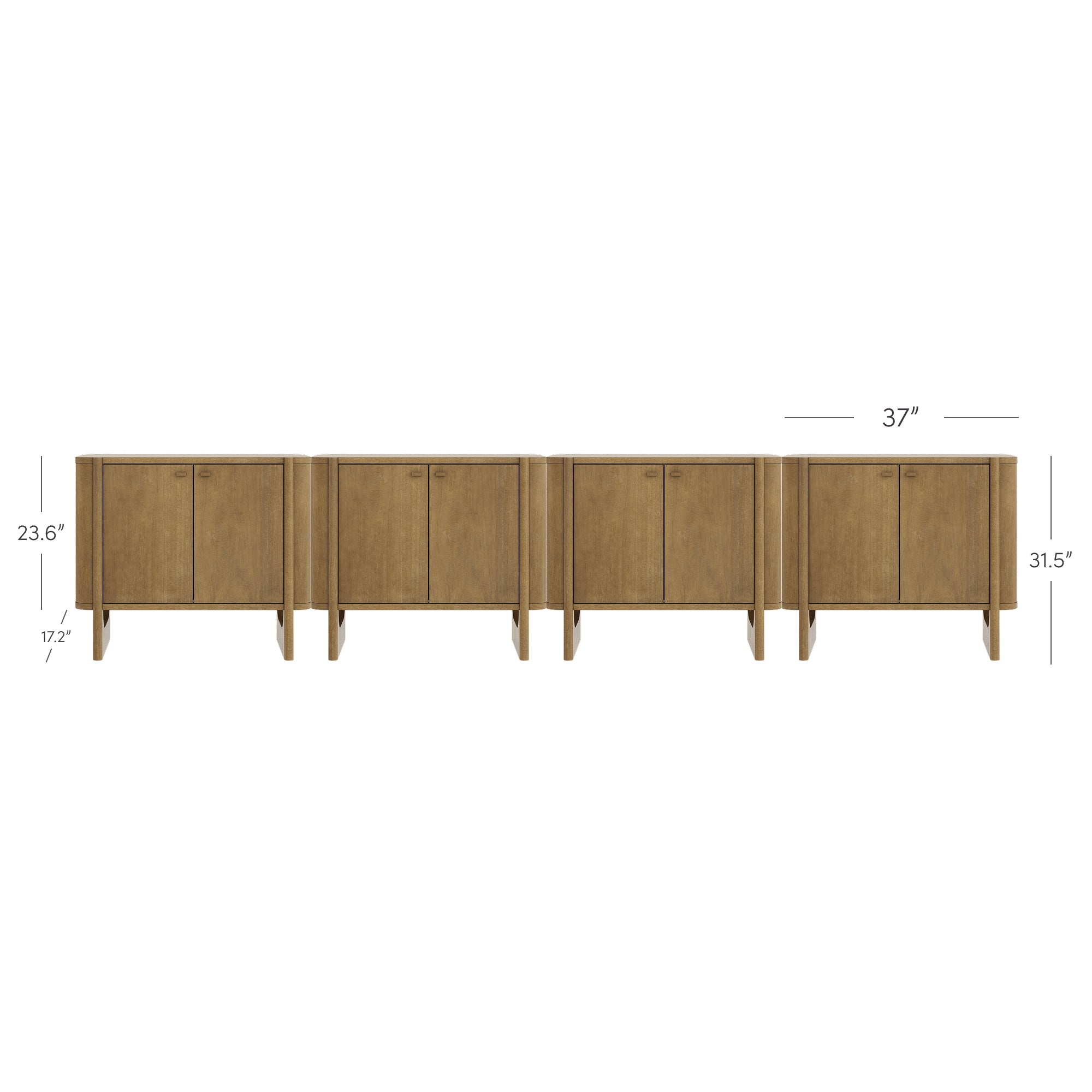 Five identical wooden cabinets are lined up side by side. Each cabinet has two doors and stands on four legs. Measurements are shown: 37 inches wide, 31.5 inches tall, with door height of 23.6 inches and leg height of 7.2 inches.