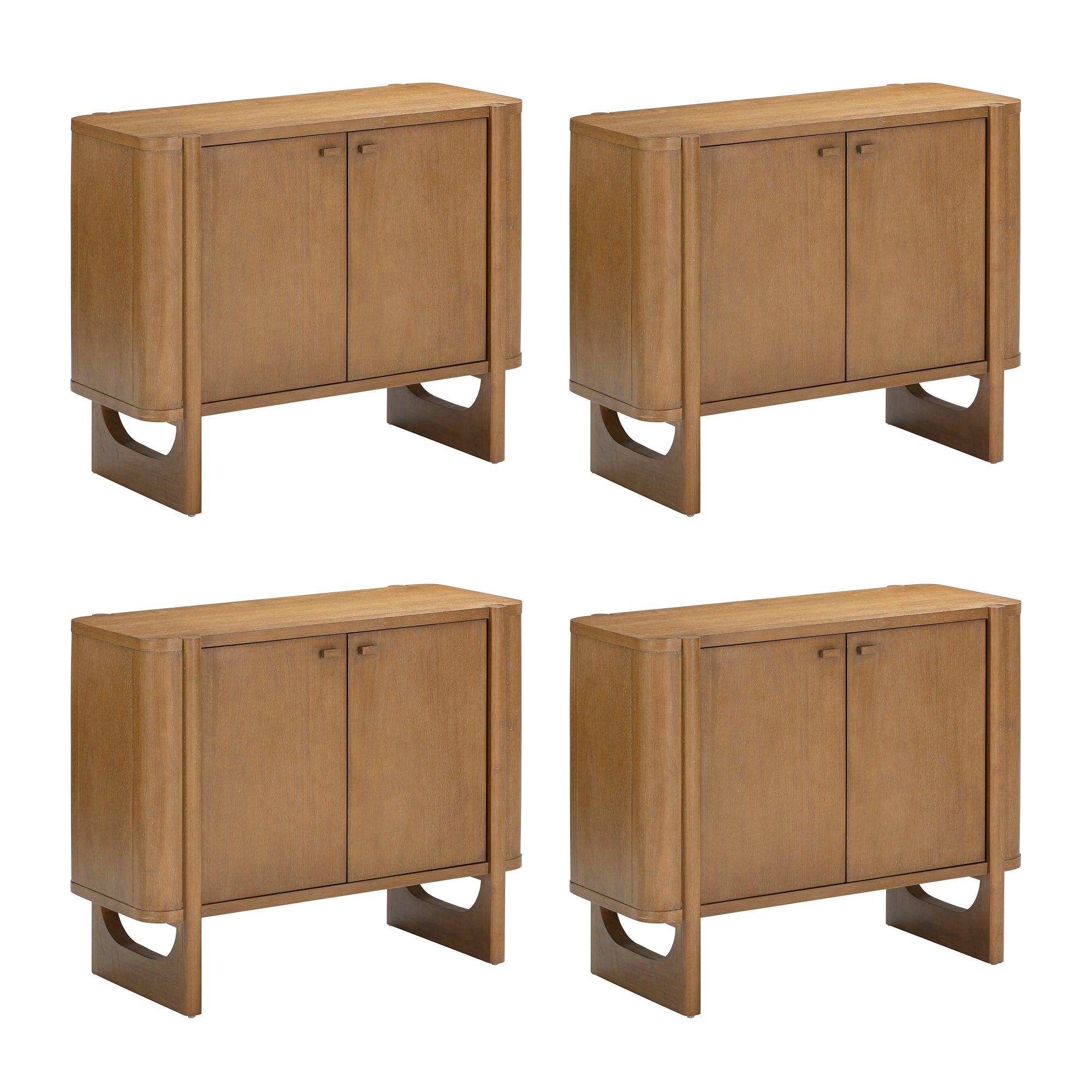 Four identical wooden cabinets with two doors each, shown against a white background and arranged in a two-by-two grid pattern. The cabinets have a smooth finish and rounded edges.