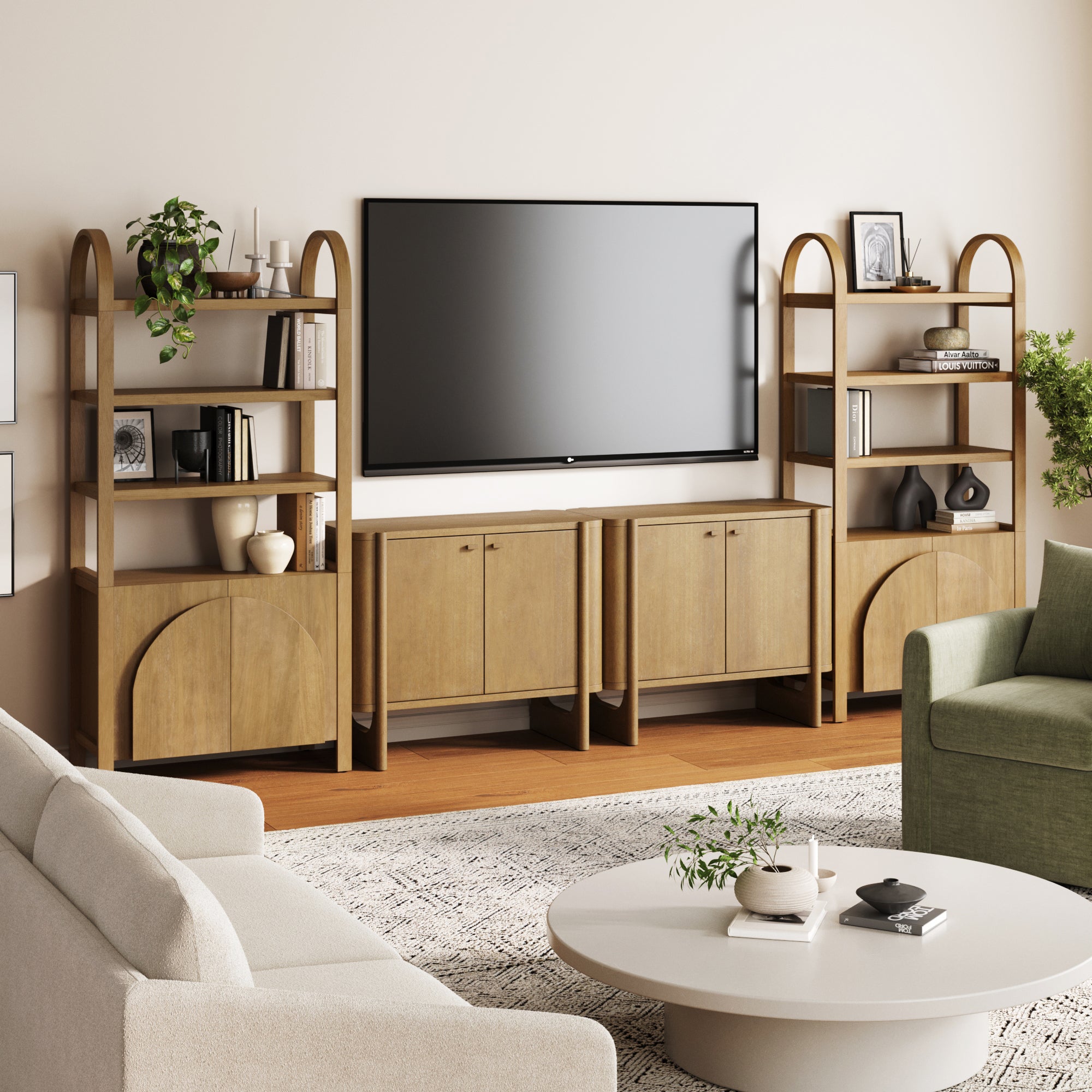 Wooden Arched Entertainment Center with Storage and Bookcase for 65" TVs Light Brown - Nathan James