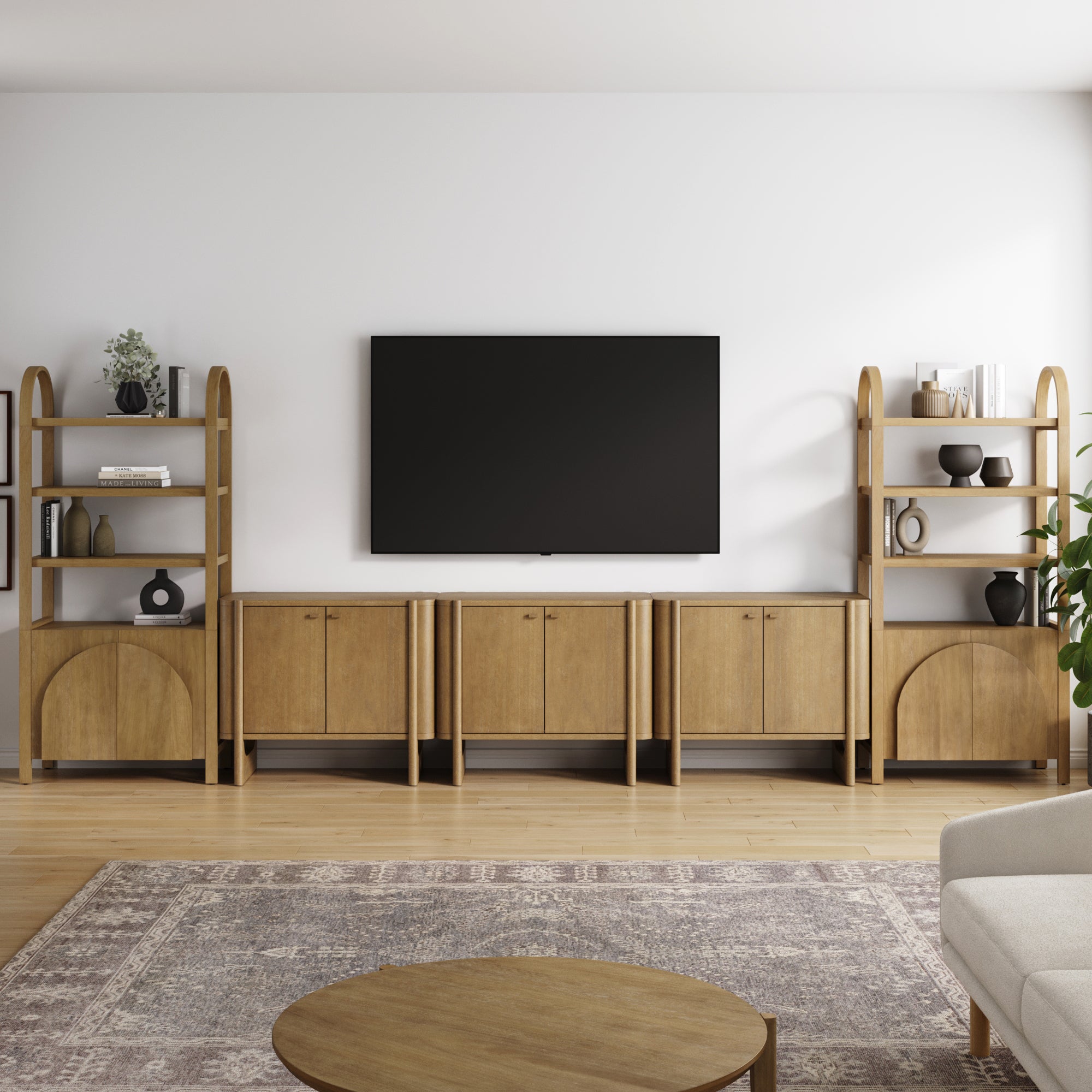 Wooden Arched Entertainment Center with Storage and Bookcase for 75" TVs Light Brown - Nathan James