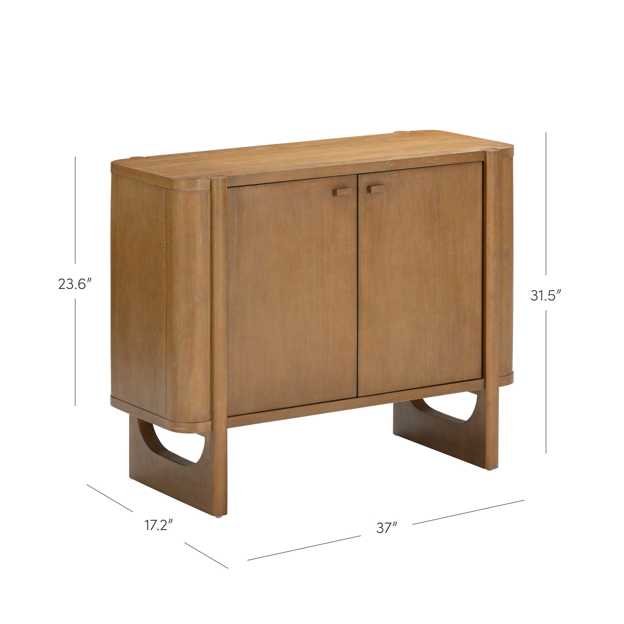 A wooden cabinet with two doors, rounded corners, and a minimalist design. The cabinet measures 31.5 inches high, 37 inches wide, and 17.2 inches deep.