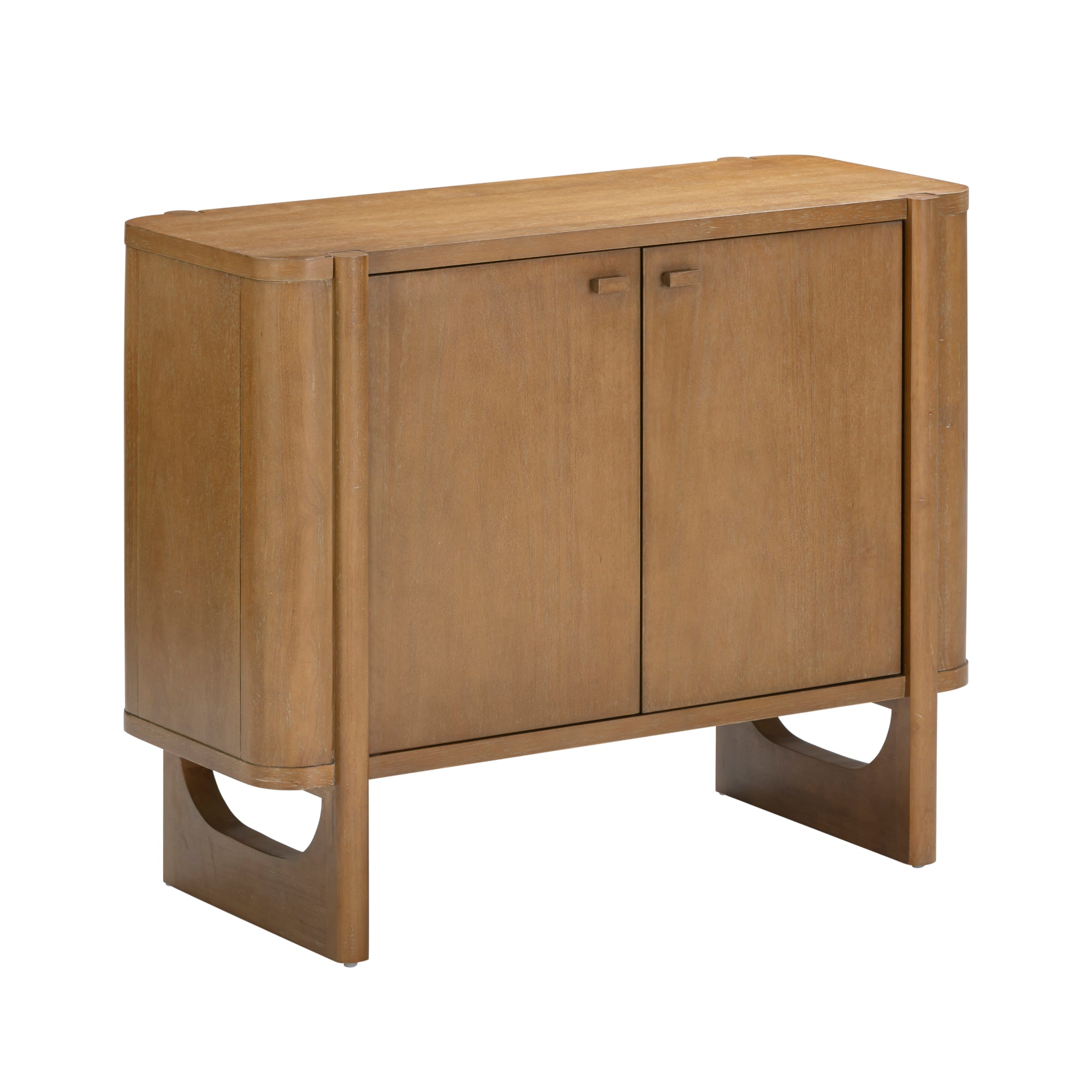 A wooden sideboard with a smooth, medium-brown finish, featuring two front doors with simple handles and rounded corners, supported by sturdy legs with open rectangular bases.