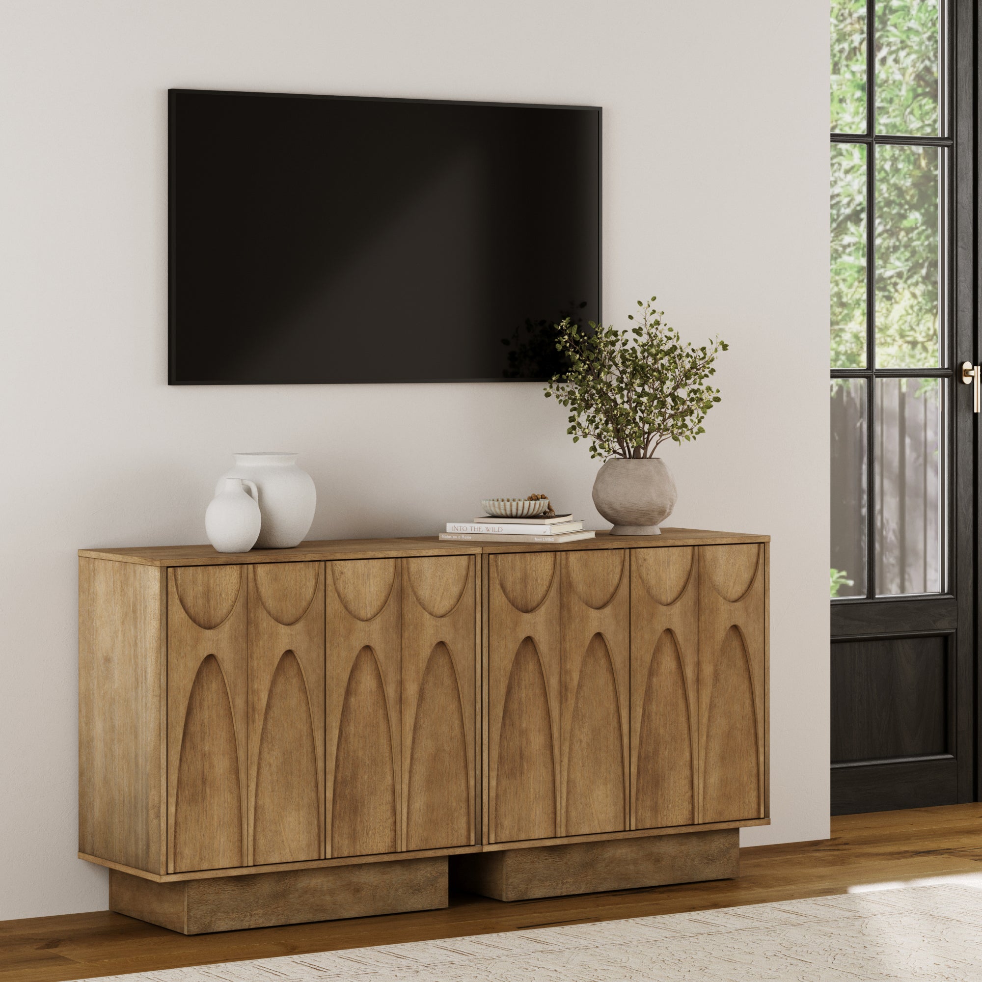 Mid Century Credenza with Antique Carved Doors Light Brown (Set of 2) - Nathan James