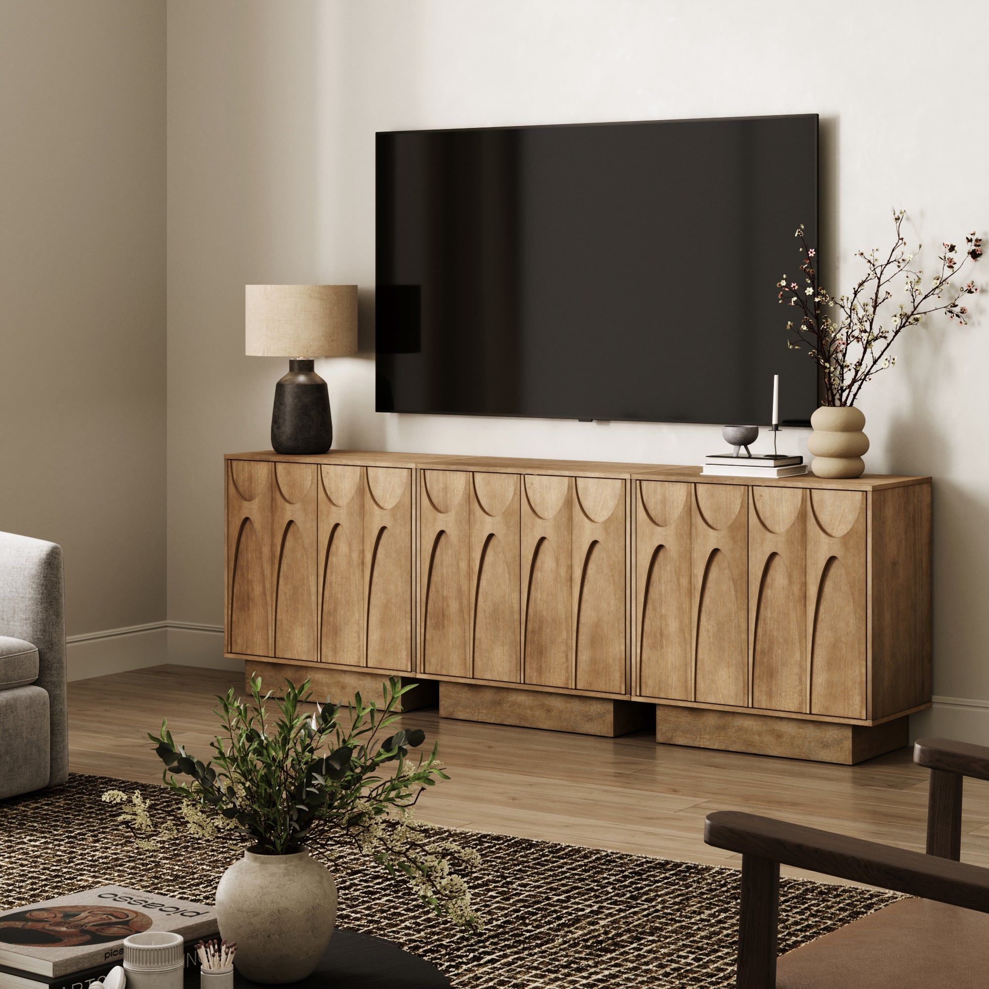 Mid Century Credenza with Antique Carved Doors Light Brown (Set of 3) - Nathan James