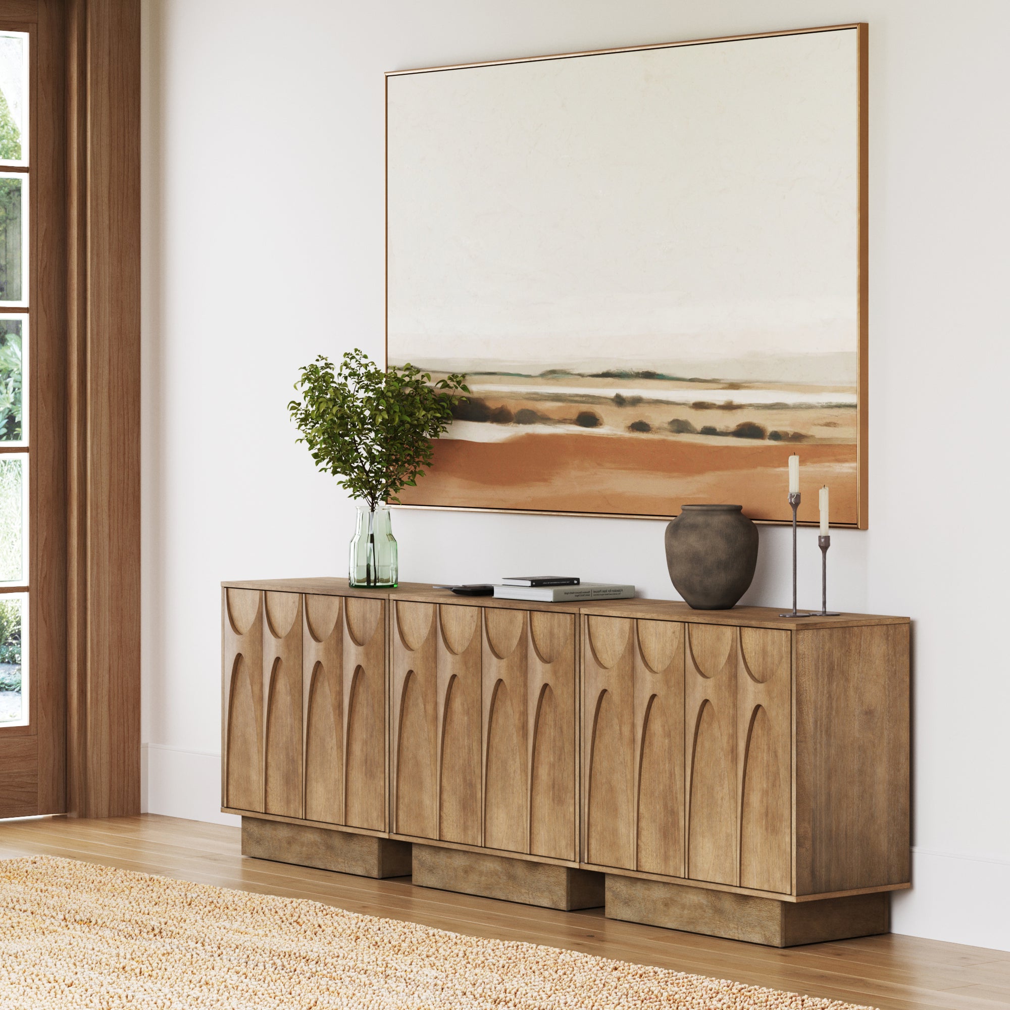Mid Century Credenza with Antique Carved Doors Light Brown (Set of 3) - Nathan James