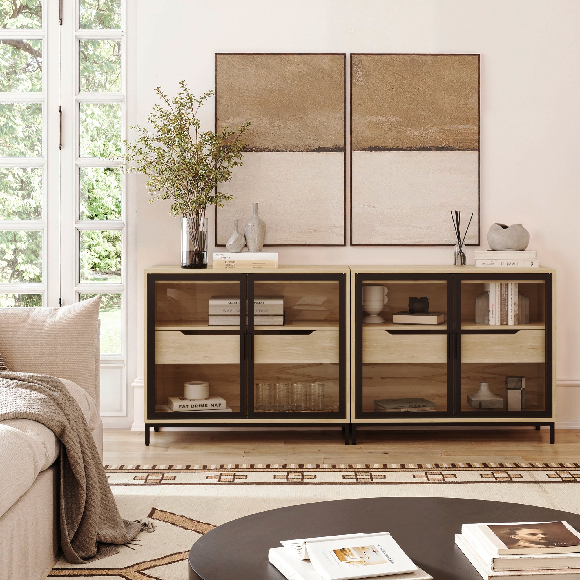 Kitchen Curio Glass Cabinet Credenza with Drawer Light Oak (Set of 2) - Nathan James