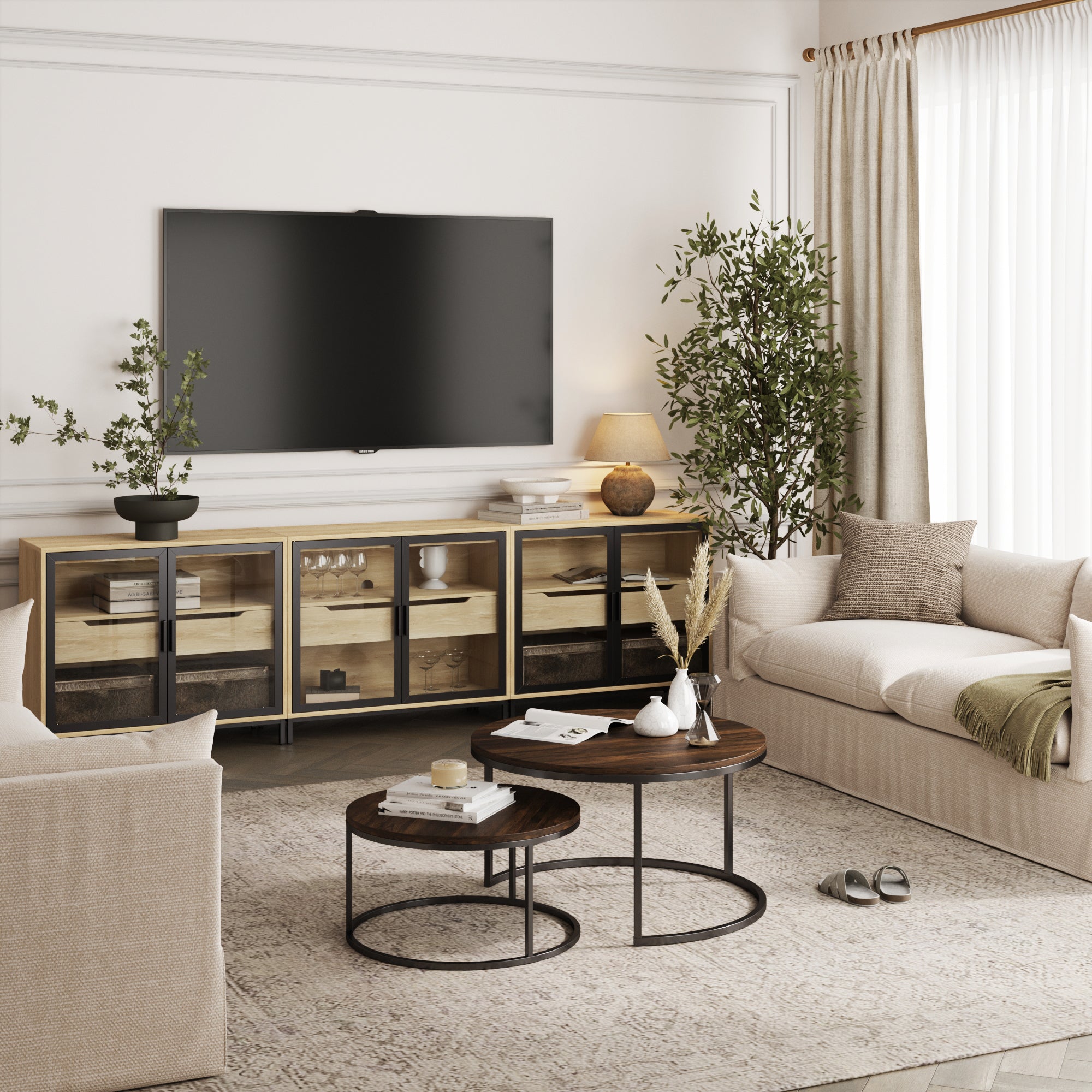 Glass TV Stand Console Cabinet with Doors for 75-85" TVs