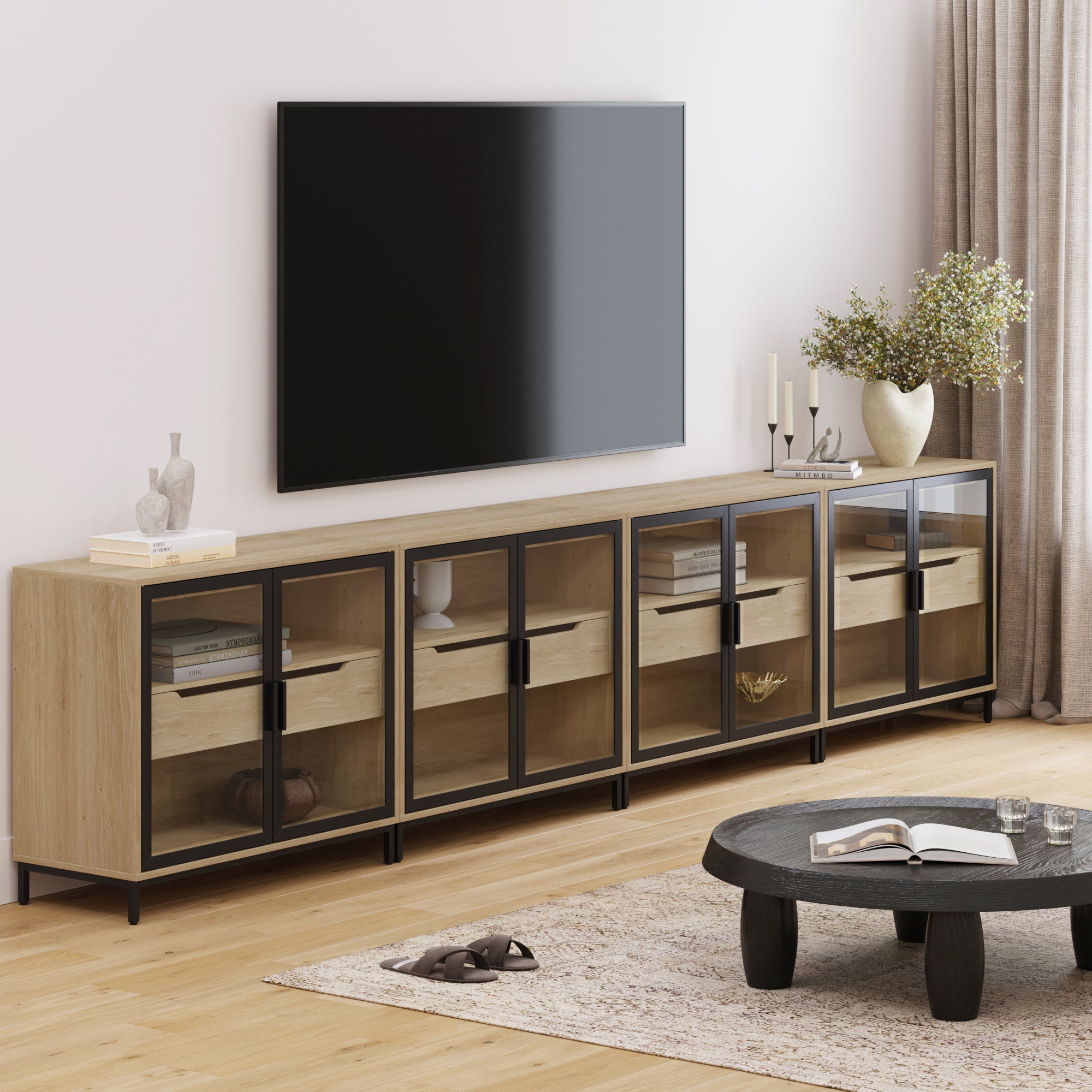 Glass TV Stand Console Cabinet with Doors for 85" TVs