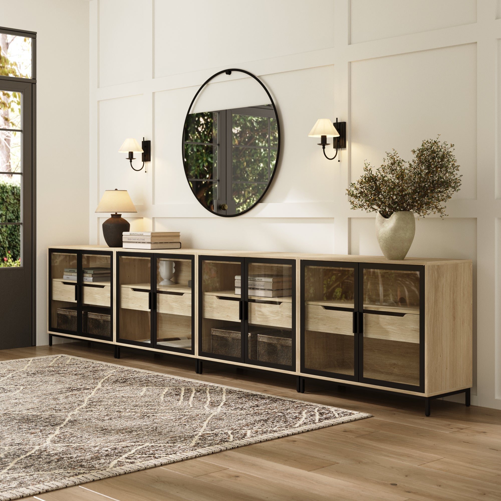 Glass Cabinet Credenza with Drawer Light Oak (Set of 4) - Nathan James