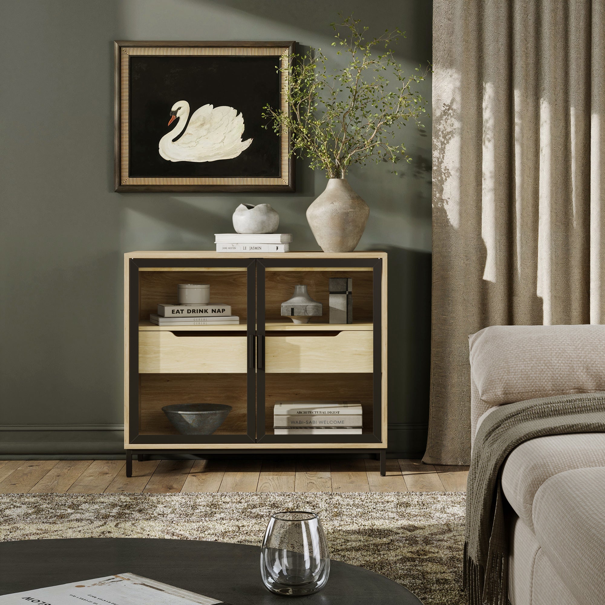 Two-Door Glass Accent Cabinet with Drawer Light Oak
