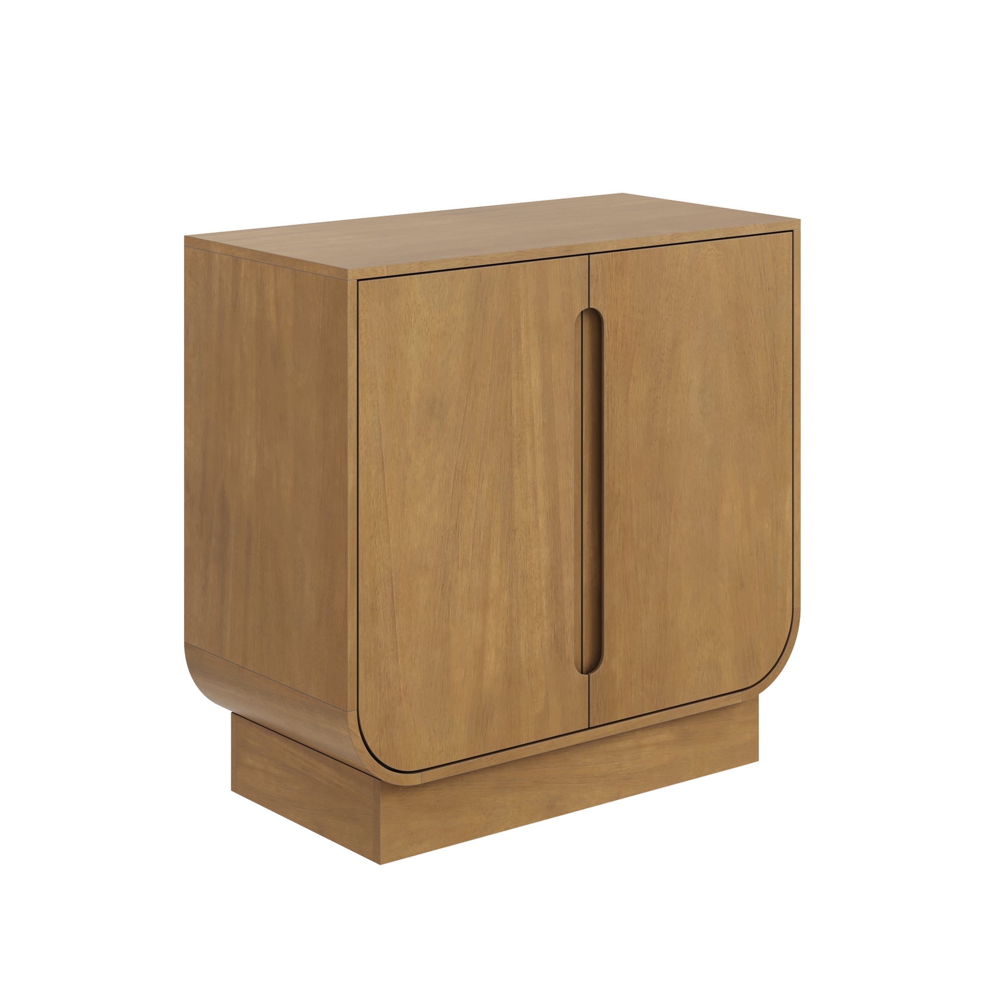 A wooden cabinet with two doors, rounded bottom corners, a rectangular base, and a vertical cutout handle in the center. The design is modern and minimalist, with a smooth, light brown finish.