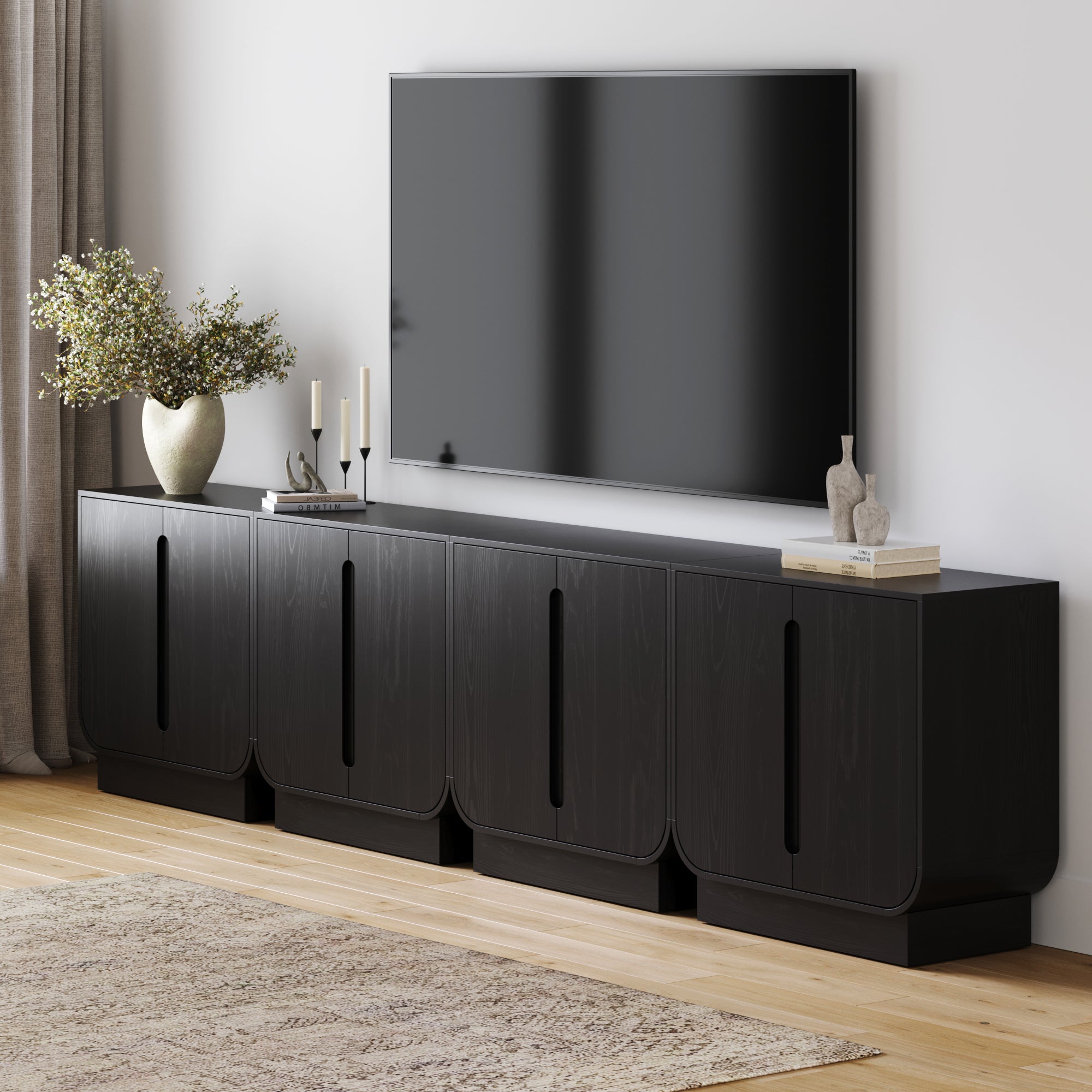 Wooden Arched TV Console Stand Black Oak for TVs 85"